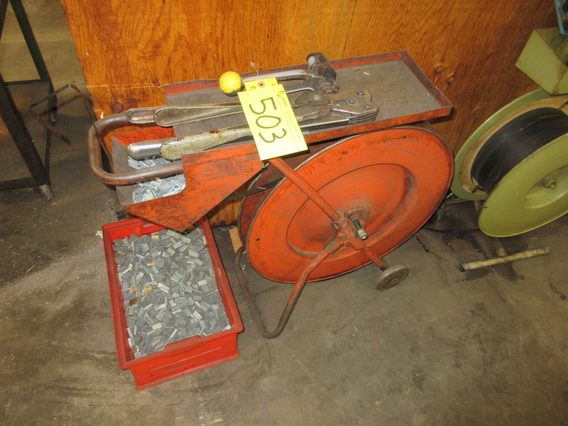 METAL BANDING CART W/ TOOLS AND TOTE OF CLIPS