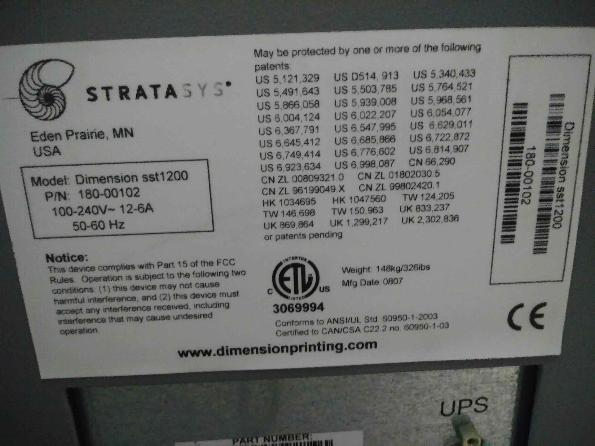2007 STRATASYS DIMENSION SST 1200ES 3D PRINTER, S/N 180-00102 (NOTE: PICKUP BY APPOINTMENT ONLY) ( - Image 2 of 10