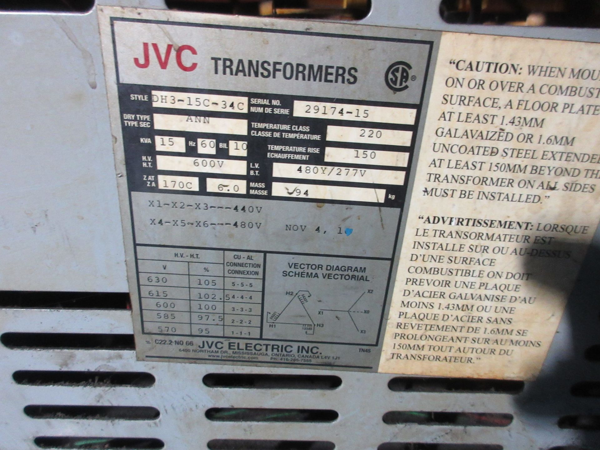 JVC TRANSFORMERS 15KVA TRANSFORMER, 600V TO 480/277V (NOTE: NO WIRING COMING OUT OF PANEL) ( - Image 2 of 2