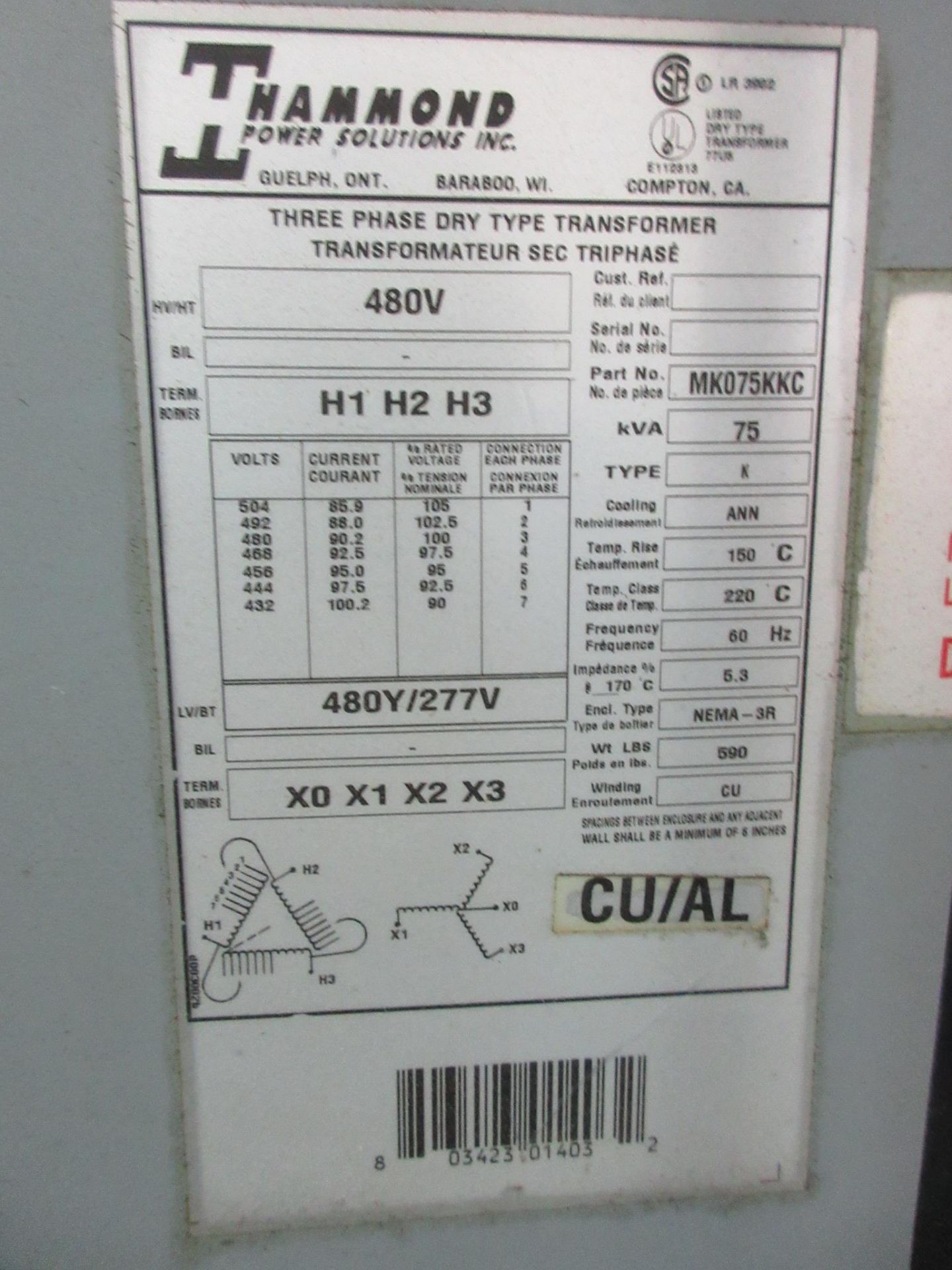 HAMMOND POWER SOLUTIONS 75KVA TRANSFORMER, 480V TO 480Y/277V (LOCATED IN THOROLD, ON) (RIGGING - Image 2 of 2