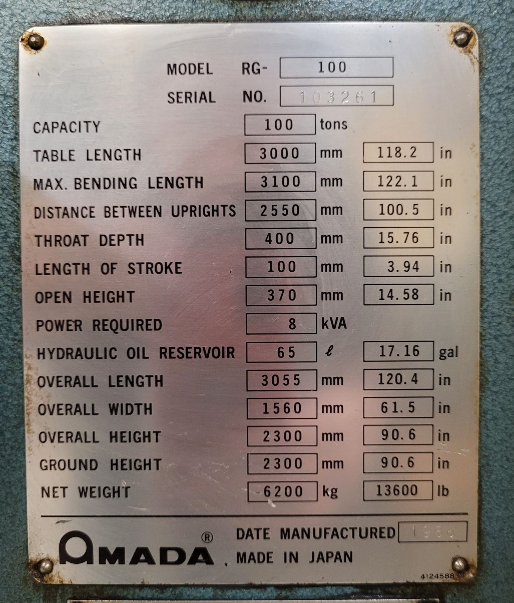 AMADA RG-100 CNC PRESS BRAKE, 110-TON X 10’ CAP., 118.2” TABLE LENGTH, 122.1” MAX BENDING LENGTH, - Image 4 of 19