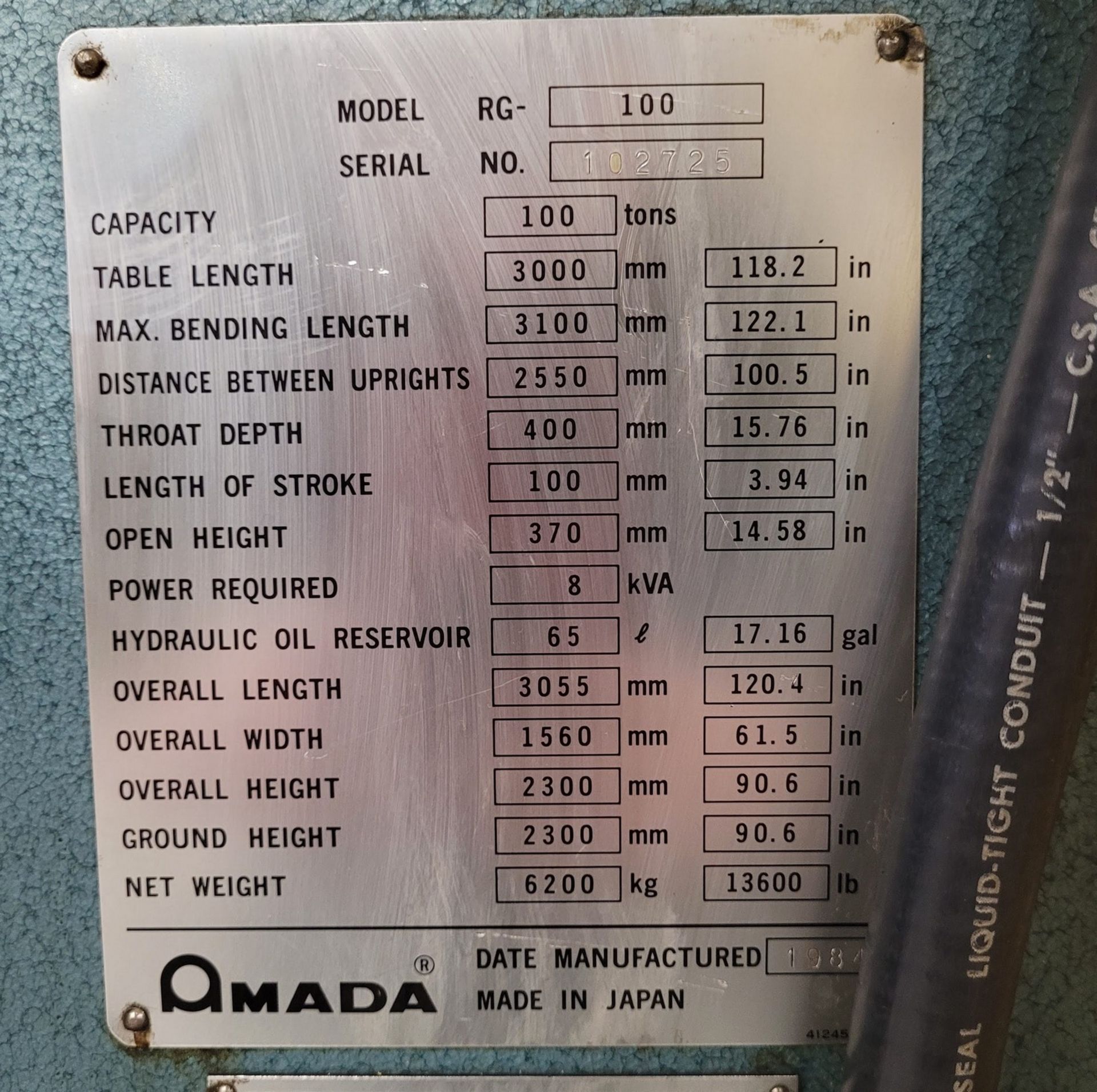 AMADA RG-100 CNC PRESS BRAKE, 110-TON X 10’ CAP., 118.2” TABLE LENGTH, 122.1” MAX BENDING LENGTH, - Image 5 of 21