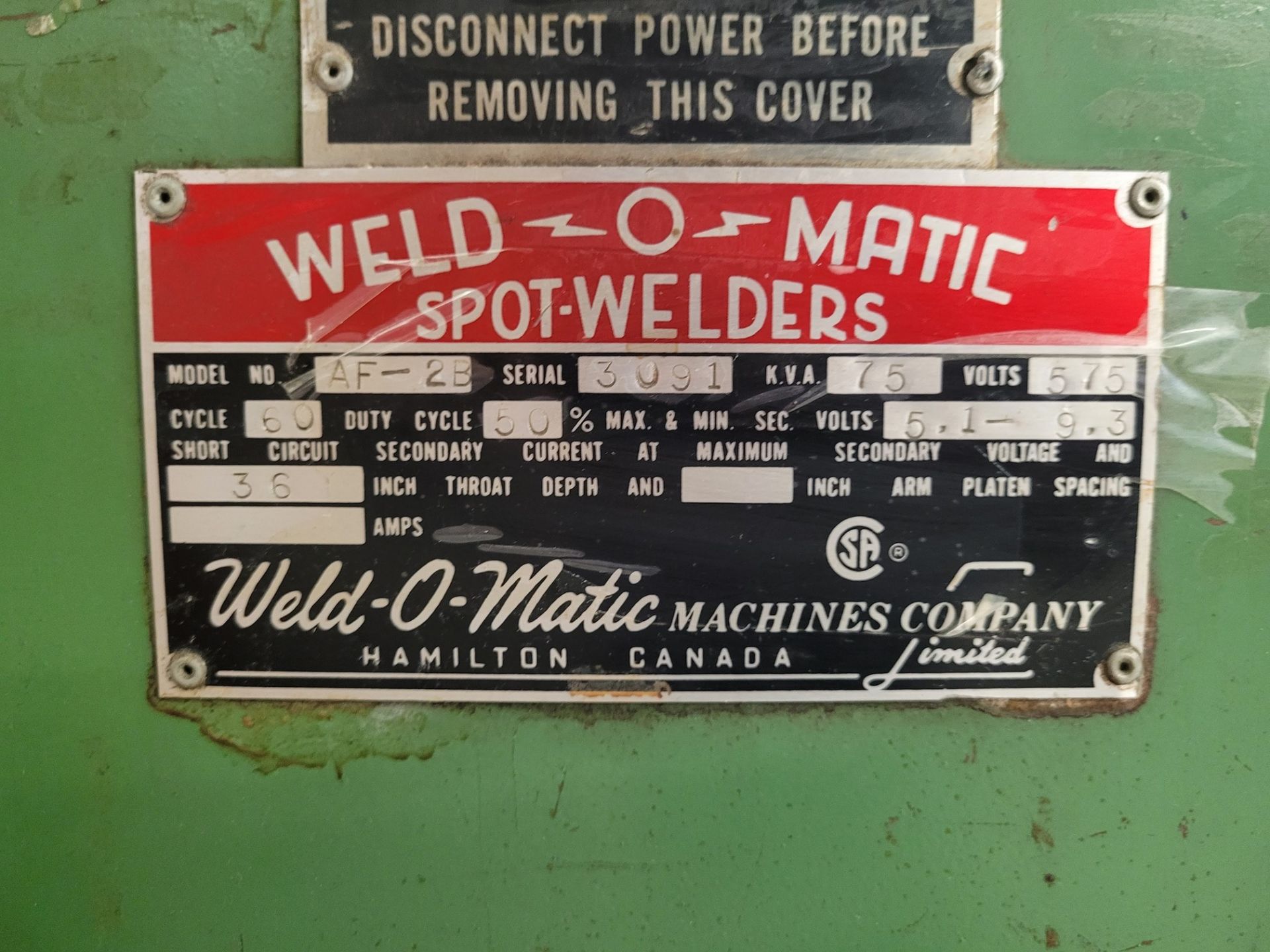 WELD-O-MATIC AF-2B SPOT WELDER, 75 KVA, 36" THROAT, MEDWELD CONTROL, S/N 3091 (RIGGING FEE $150) - Image 3 of 3