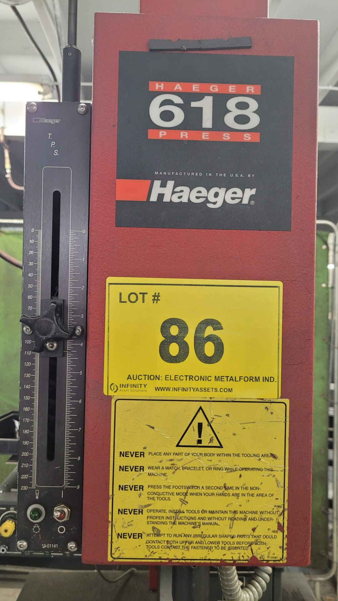 HAEGER 618-1H HYDRAULIC INSERTION PRESS, S/N - 06H01026 W/ HAEGER MODULAR AUTOFEED SYSTEM (RIGGING - Image 4 of 11