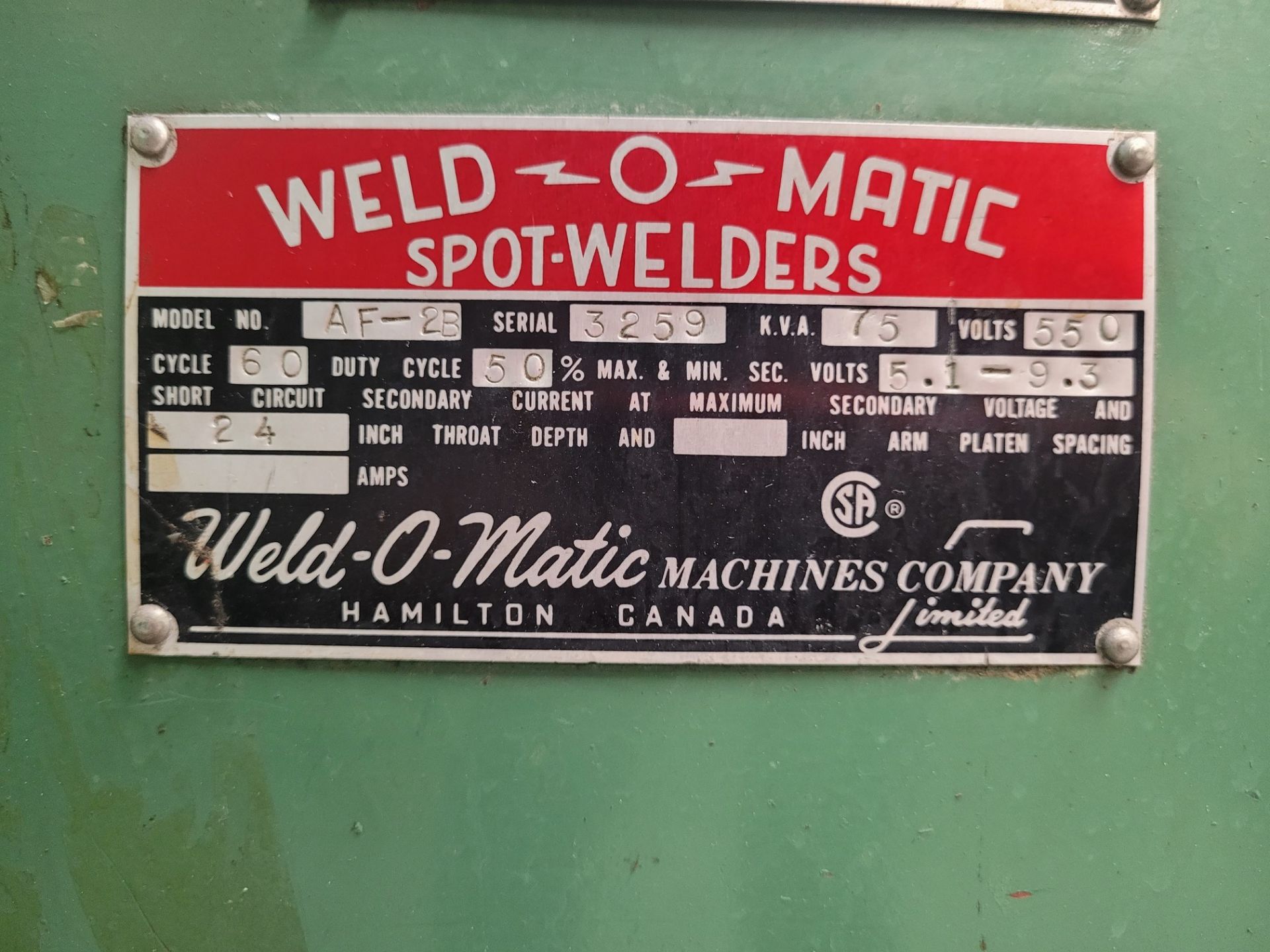 WELD-O-MATIC AF-2B SPOT WELDER, 75 KVA, 24" THROAT, MEDWELD 200S CONTROL, S/N 3259 (RIGGING FEE $ - Image 4 of 8