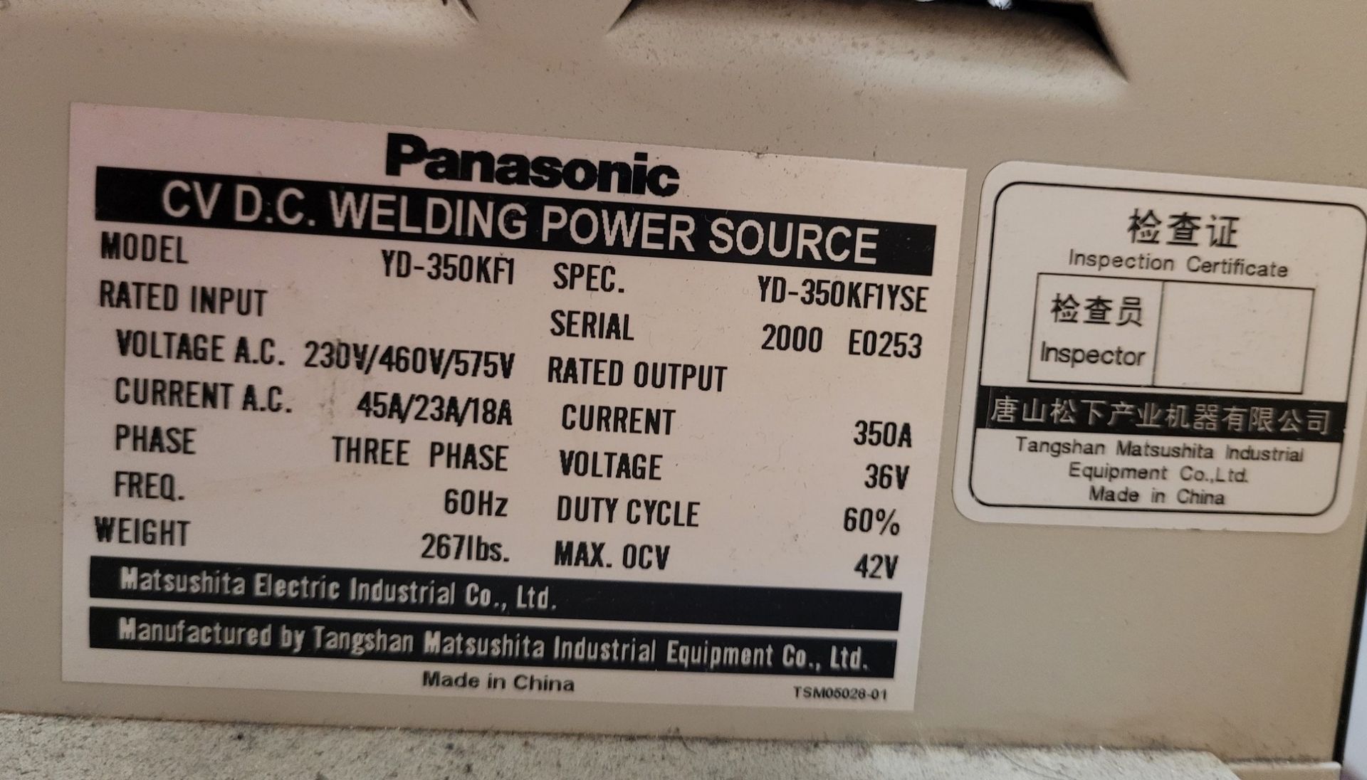 PANASONIC KF350 MIG WELDER, S/N 2000 E0253 W/ PANASONIC YW-501FK4YVE WIRE FEEDER (NO TANKS) - Image 4 of 6