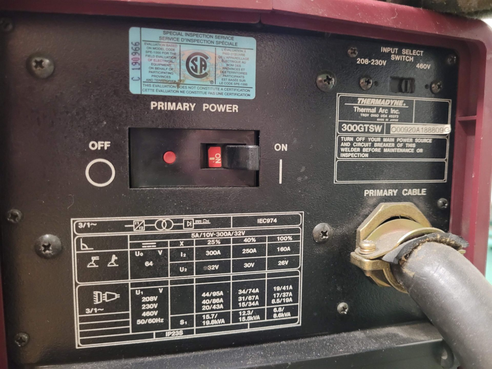 THERMAL ARC 300GTSW ARC WELDER, S/N 000920A188809G W/ TWECO TC900 COOLING UNIT (NO TANKS) - Image 4 of 5