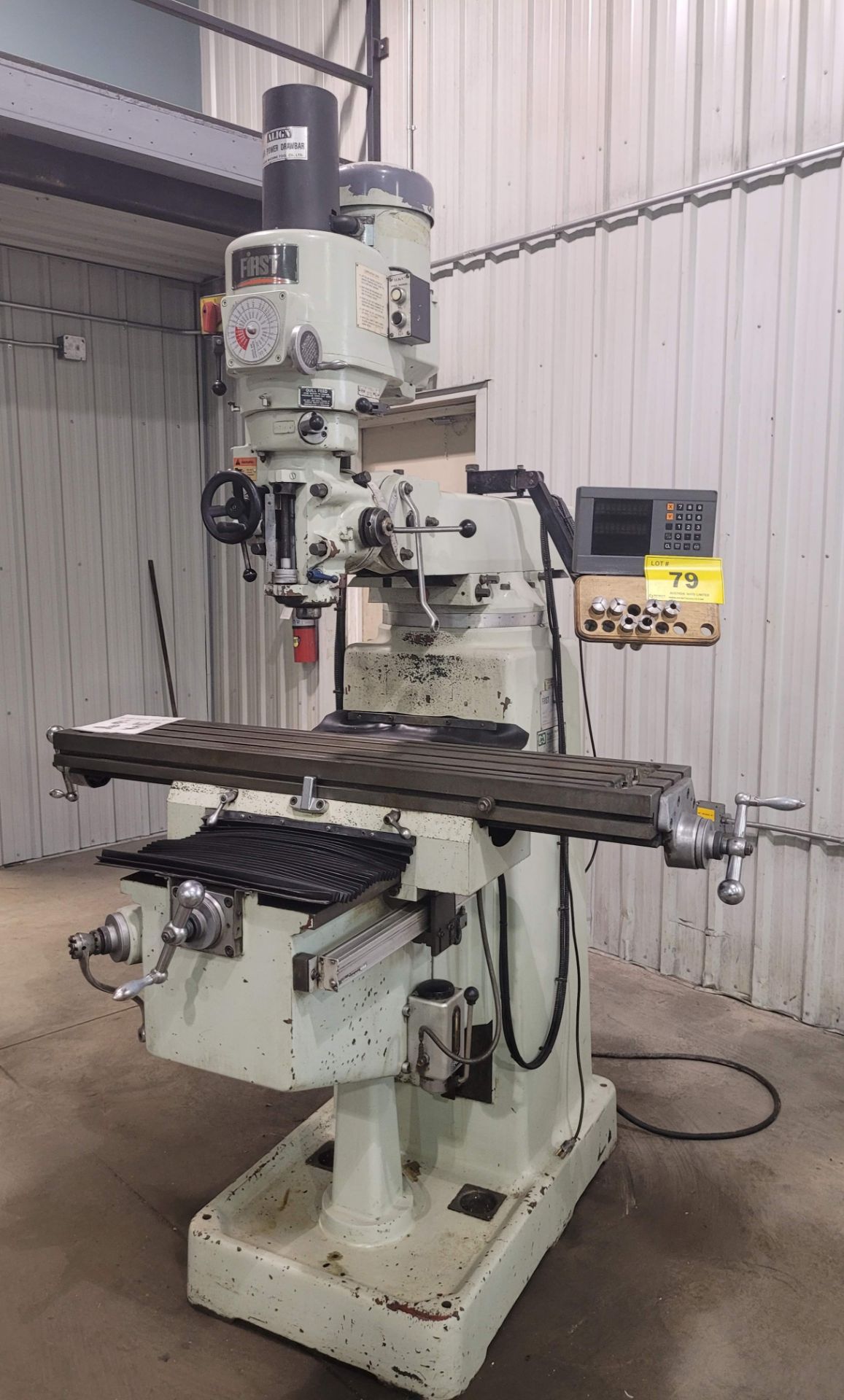 FIRST LC-185VS VERTICAL MILLING MACHINE, HEIDENHAIN 2-AXIS DRO, 10” X 50” TABLE, TRAVELS: X-31”, Y-