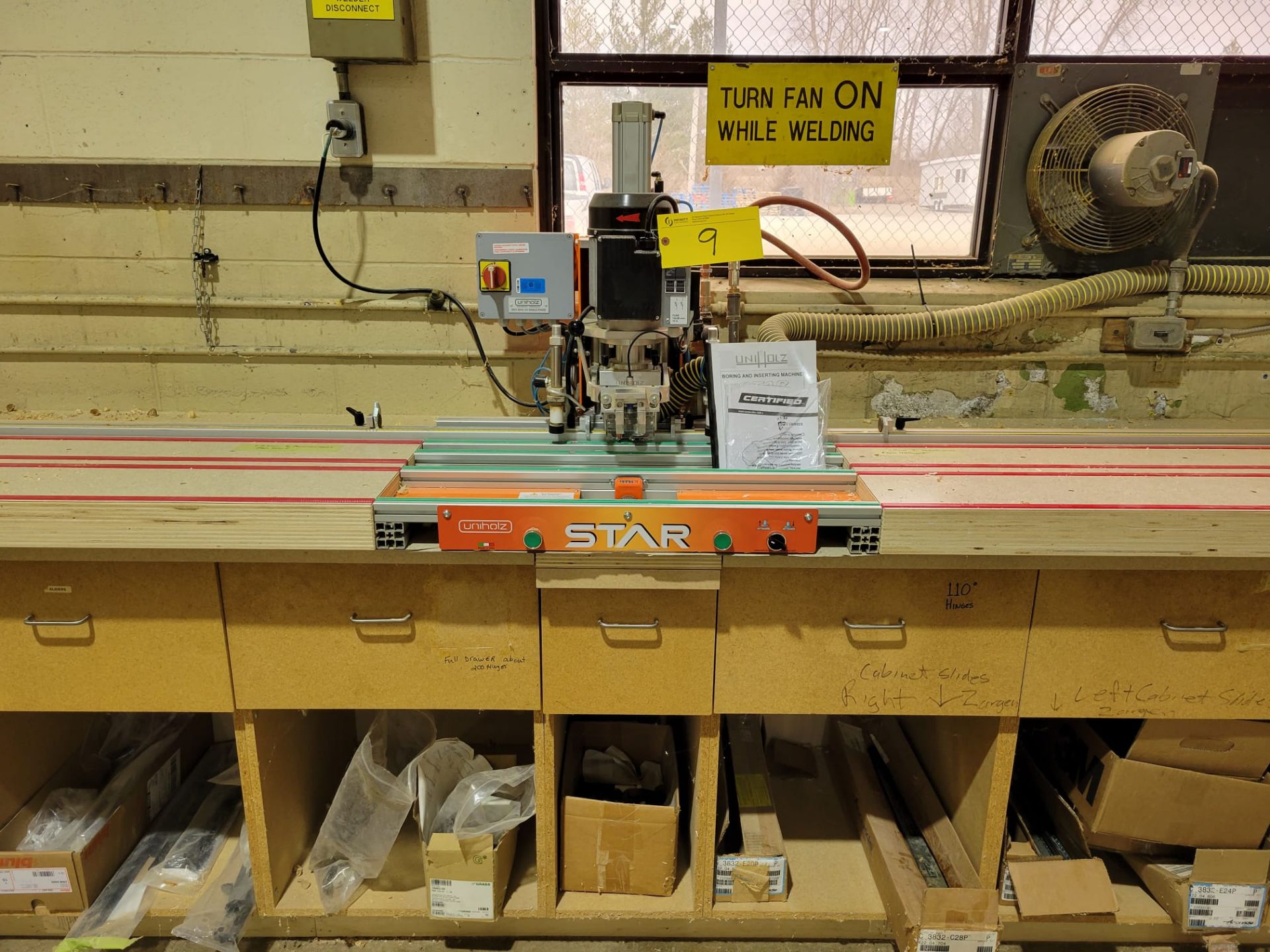 UNIHOLZ STAR HINGE BORING MACHINE, S/N UN 5543 W/ TABLE, CABINET, DRAWERS, HARDWARE, ETC. (RIGGING - Image 2 of 5