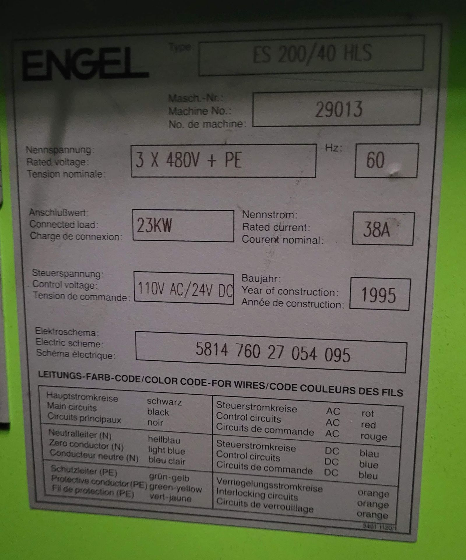1995 ENGEL ES200/40HLS INJECTION MOULDER, S/N: 29013 - (NOT UNDER POWER) (RIGGING FEE $1,000) - Image 6 of 7