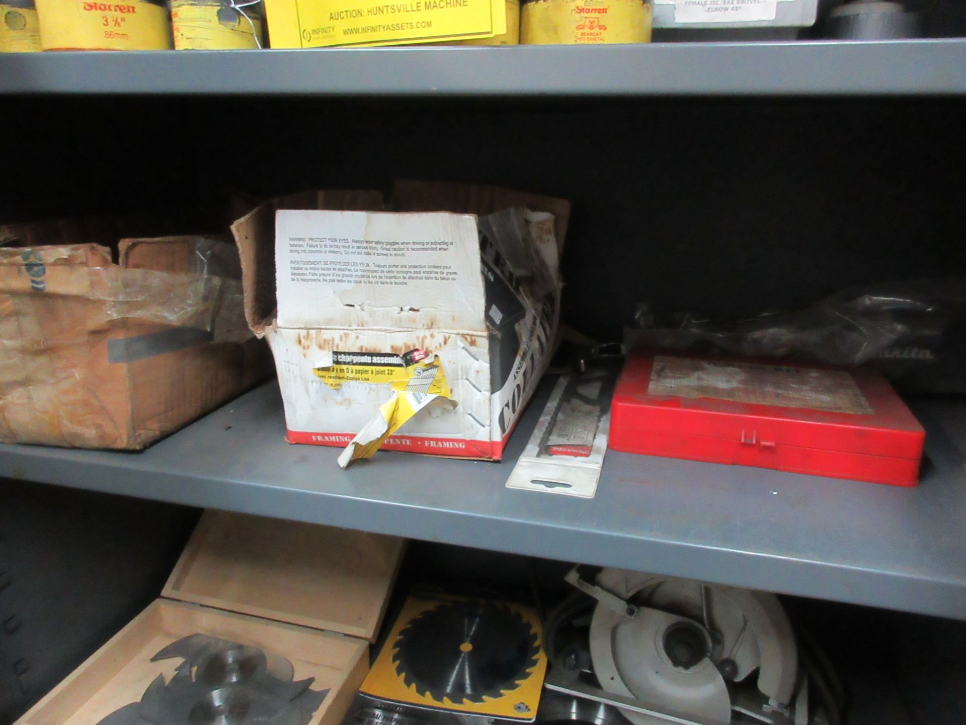 CONTENTS OF CABINET, WHOLE SAW BLADES, MAKITA 7" CIRCULAR SAW, MIXED BLADES, O-RING SET, ETC. - Image 4 of 4