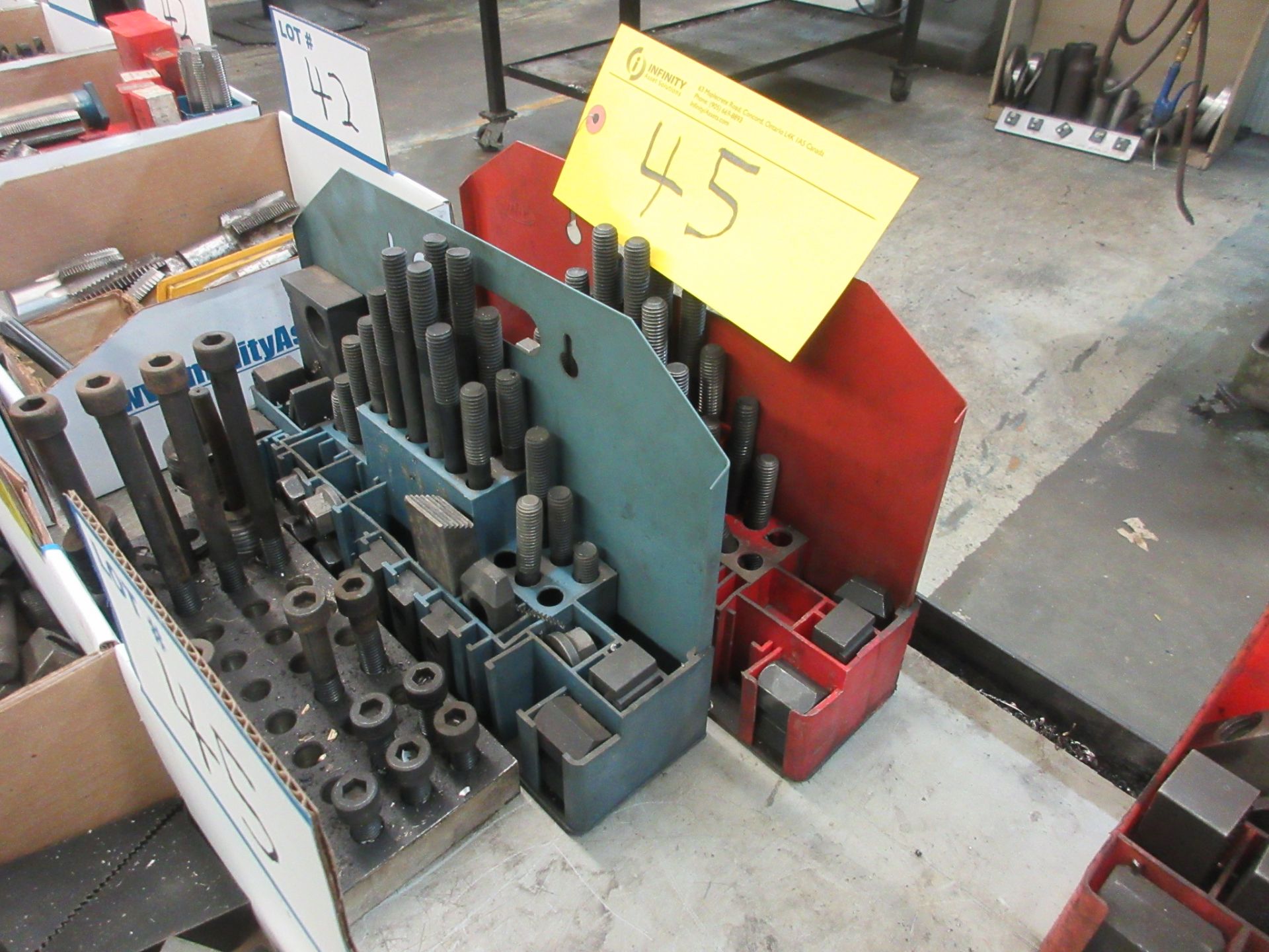 LOT (2) MACHINE SCREW / HOLD DOWN SETS W/ EXTRA BLOCKS, SCREWS AND HEIGHT ADJUSTABLE STANDS - Image 2 of 2