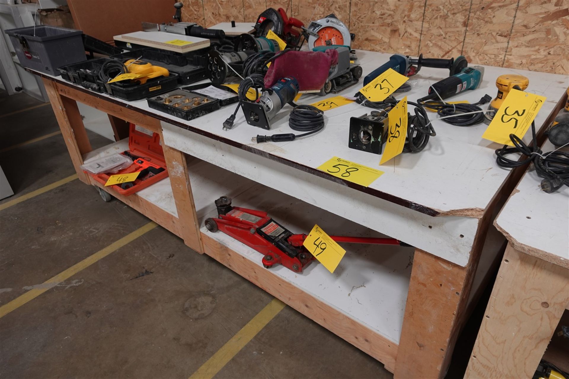 WOODEN WORK TABLE W/ CASTERS, 4’ X 8’ APPROX.