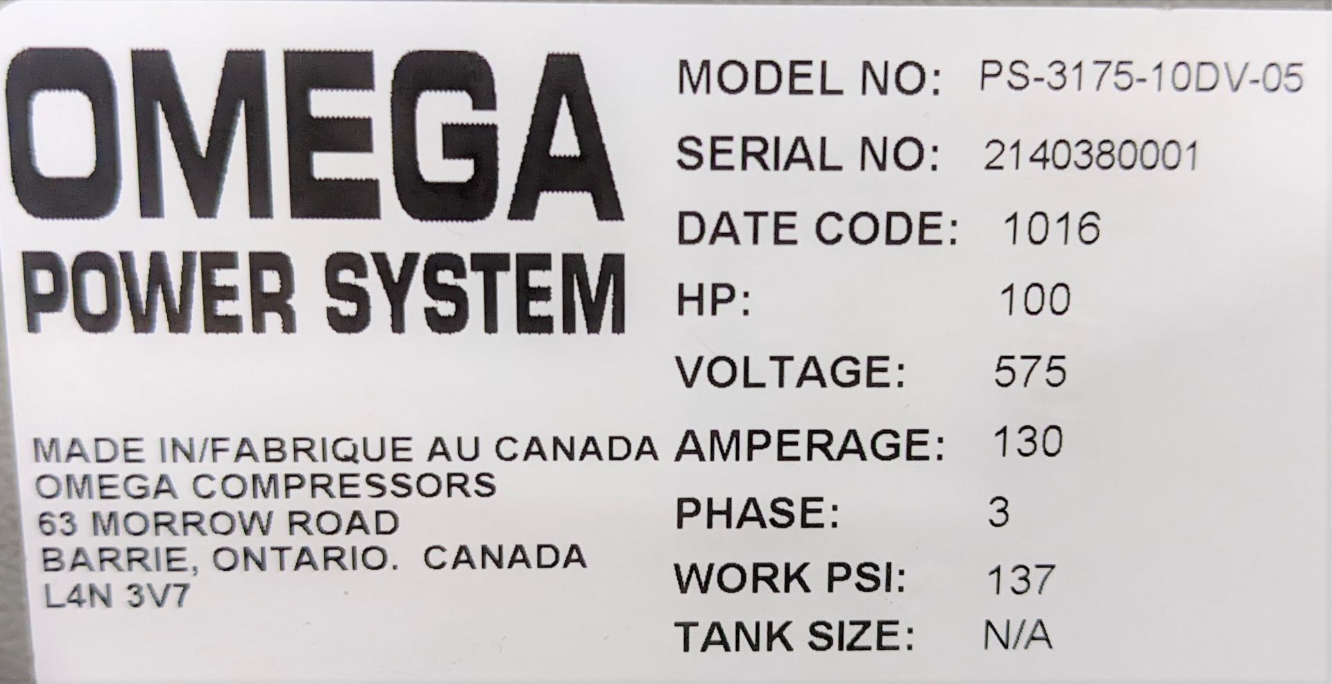 2015 OMEGA POWER SYSTEMS PS-3175-10DV-05 VARIABLE SPEED HEAVY DUTY ROTARY SCREW AIR COMPRESSOR, - Image 10 of 19