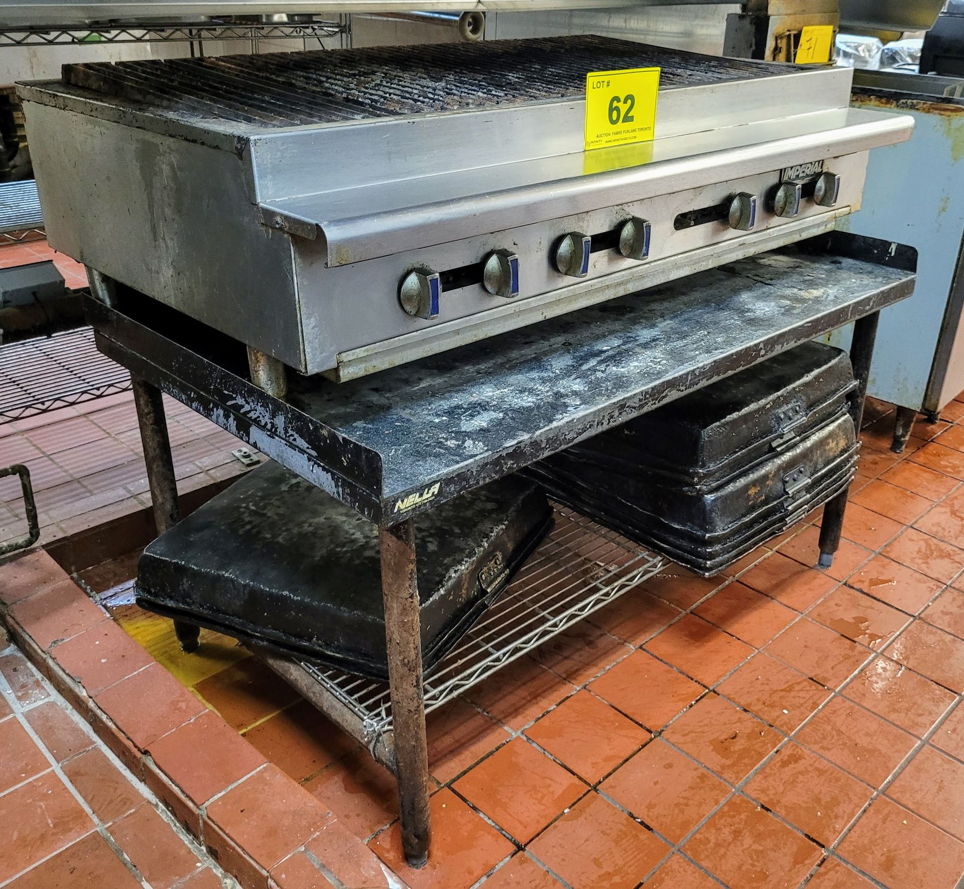 IMERPIAL IRB-48, 8-BURNER NATURAL GAS COUNTERTOP RADIANT CHAR BROILER, 48", W/ STAND AND PANS