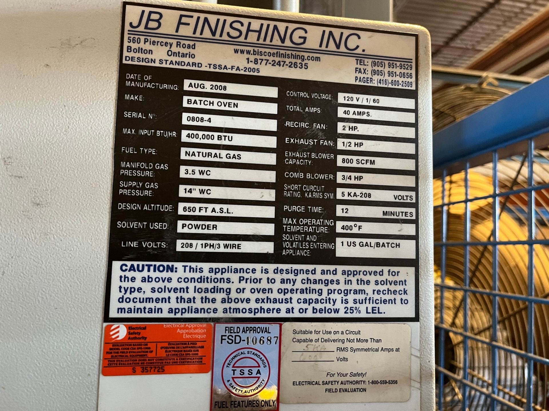 2008 JB FINISHING BATCH OVEN, APPROX. 12'D X 8'T X 8 1/2"W, 400,000 BTU, NATURAL GAS POWERED, 2008/ - Image 6 of 8