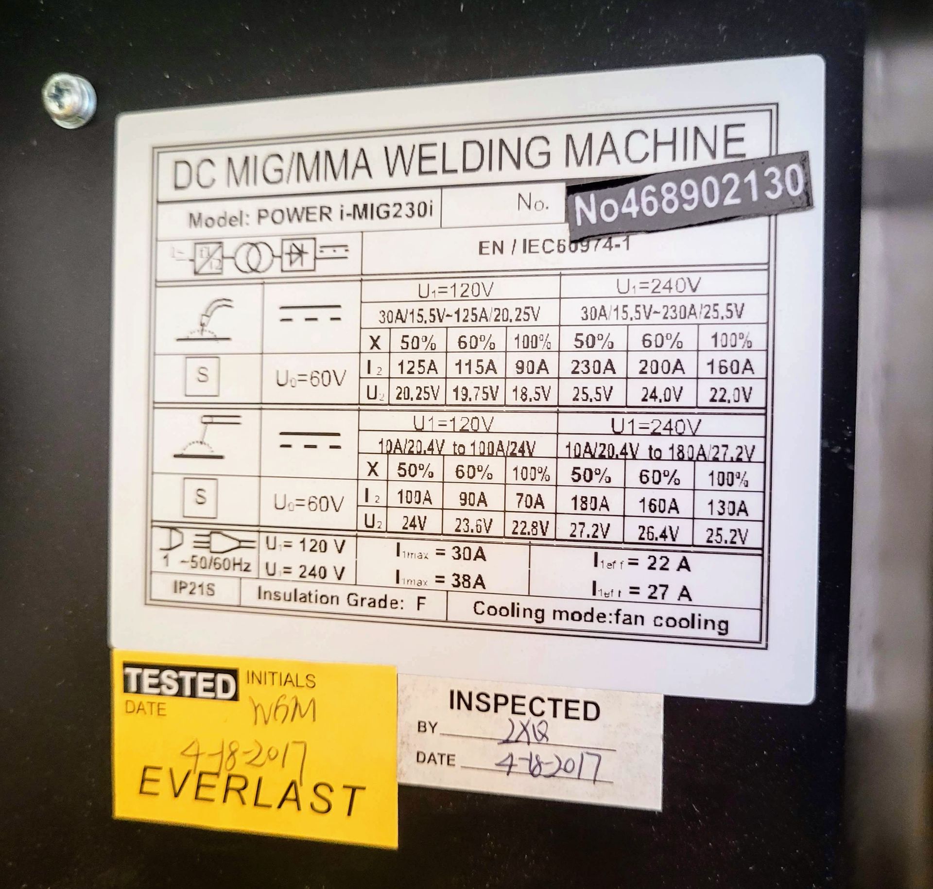 EVERLAST GMAW/SMAW POWER I-MIG 230I WELDER, S/N 468902130 - Image 4 of 4