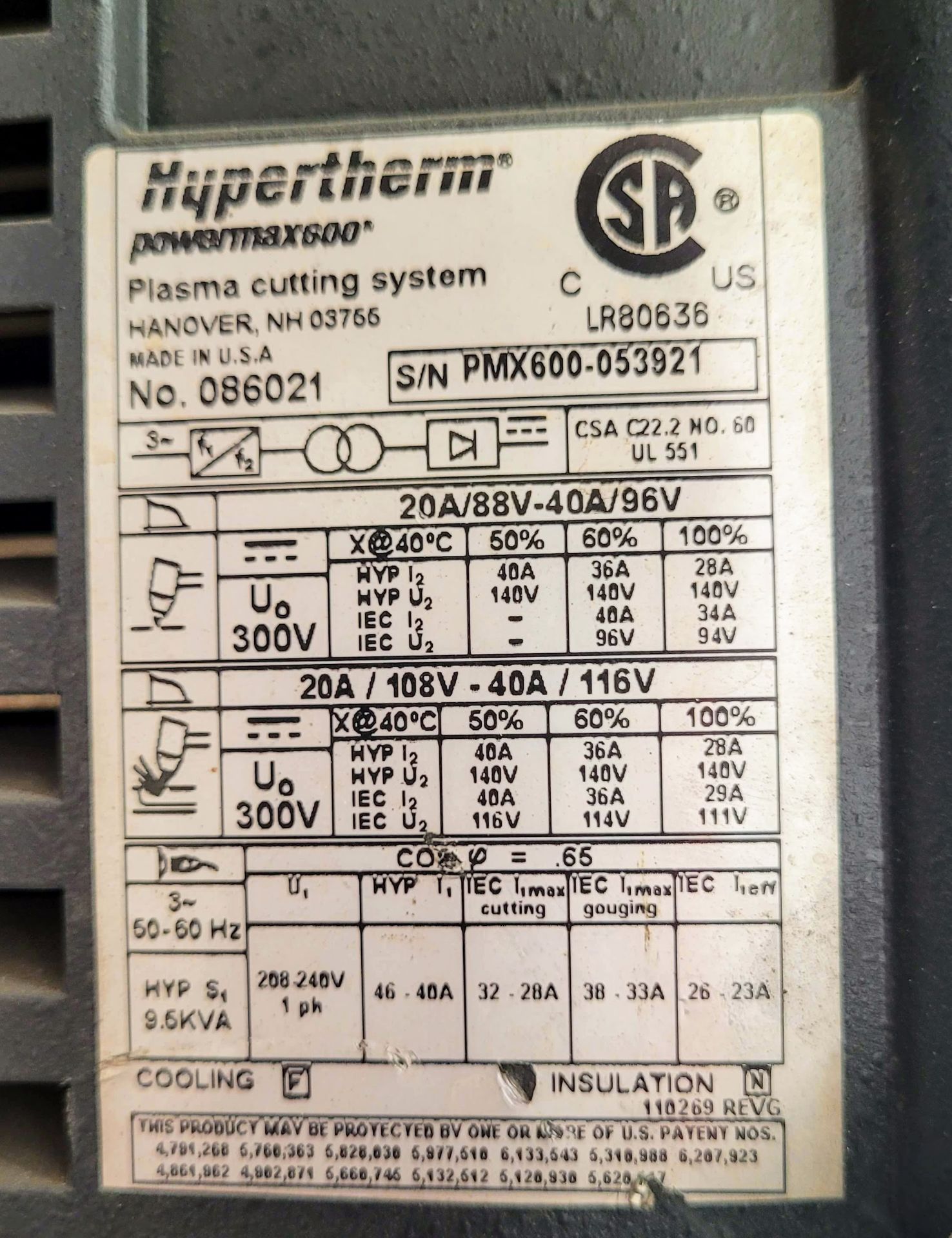 HYPERTHERM POWERMAX 600 PLASMA CUTTER, S/N PMX600-053921 W/ CART - Image 3 of 6