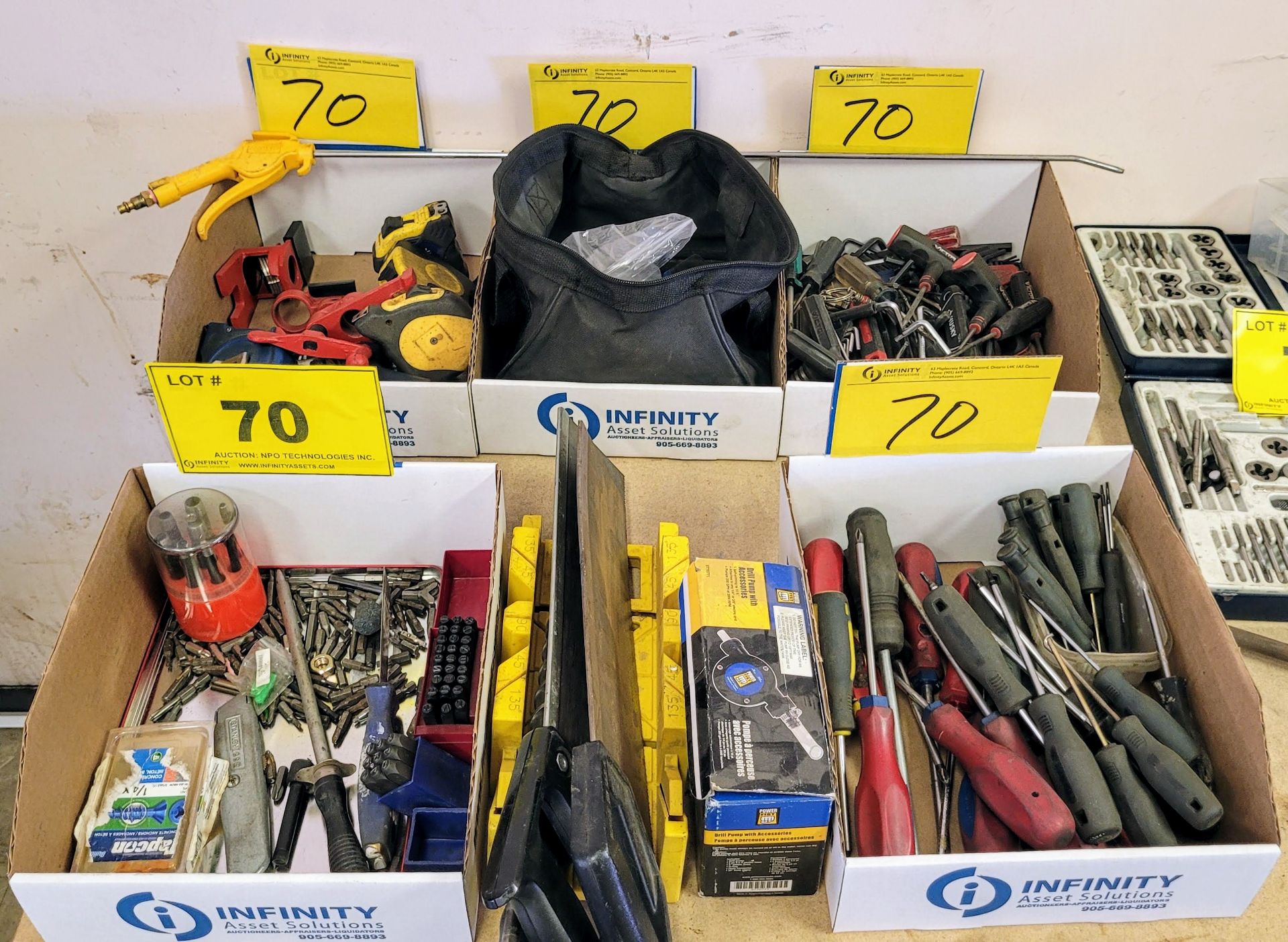 LOT - SCREW DRIVERS, CLAMPS, MITRE SET, ALLEN KEYS, TAPE MEASURES, ETC