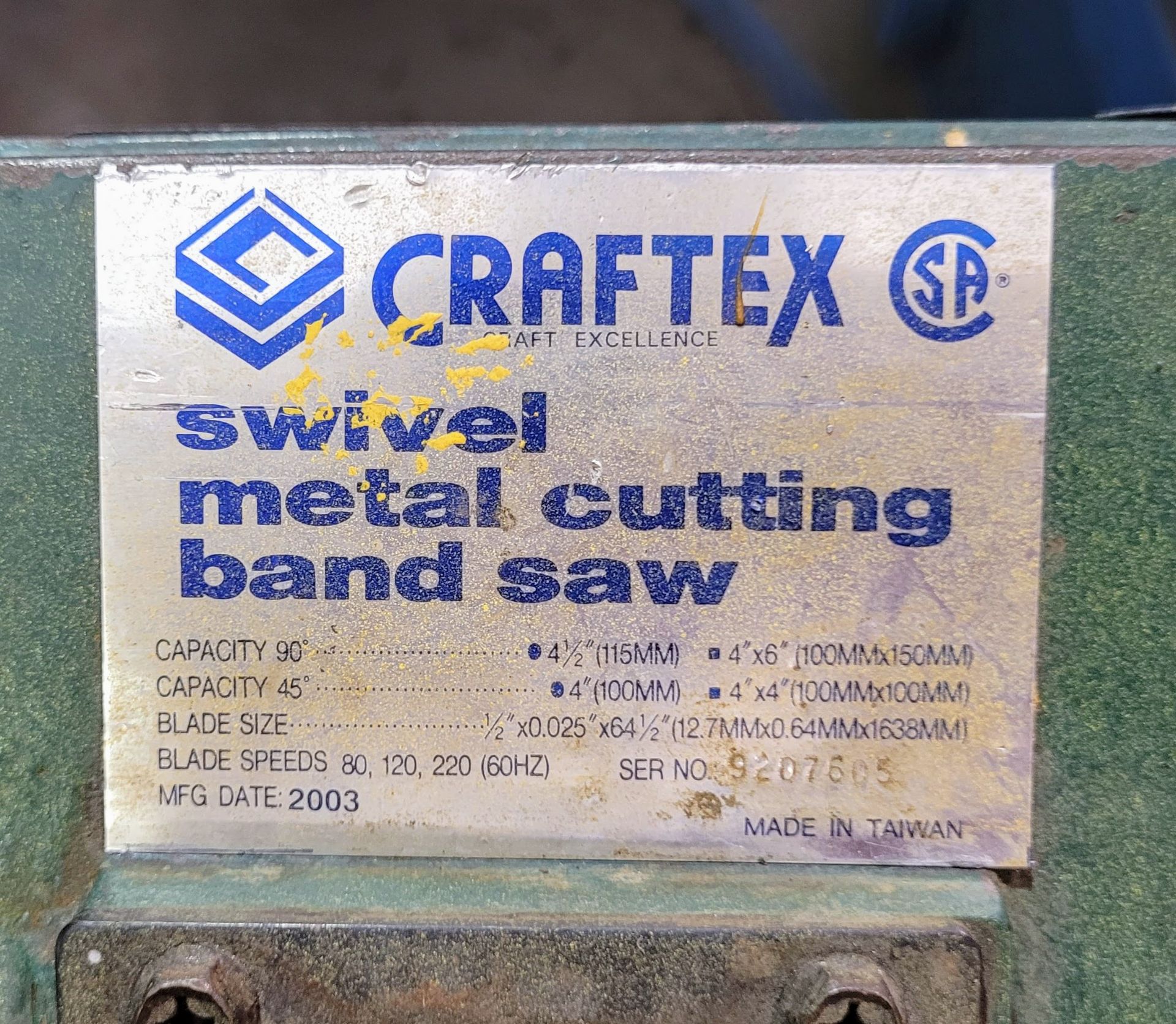 2003 CRAFTEX 4" CAP. 1/2" BLADE BANDSAW, S/N 9207605 - Image 2 of 5