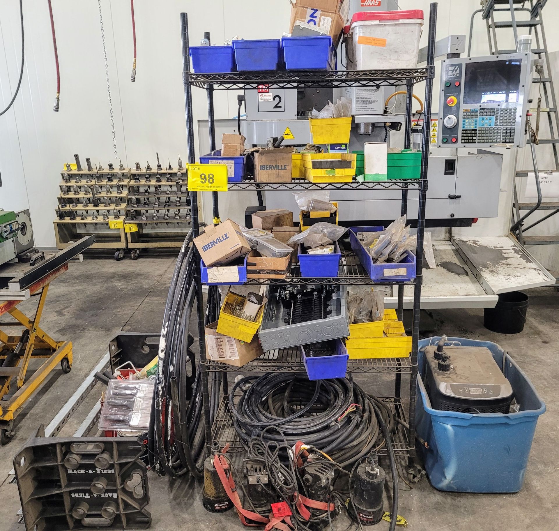 LARGE LOT ASSORTED ELECTRICAL, WIRE, SUMP PUMPS, PAINTING, SUPPLIES, BACK RACK, ETC