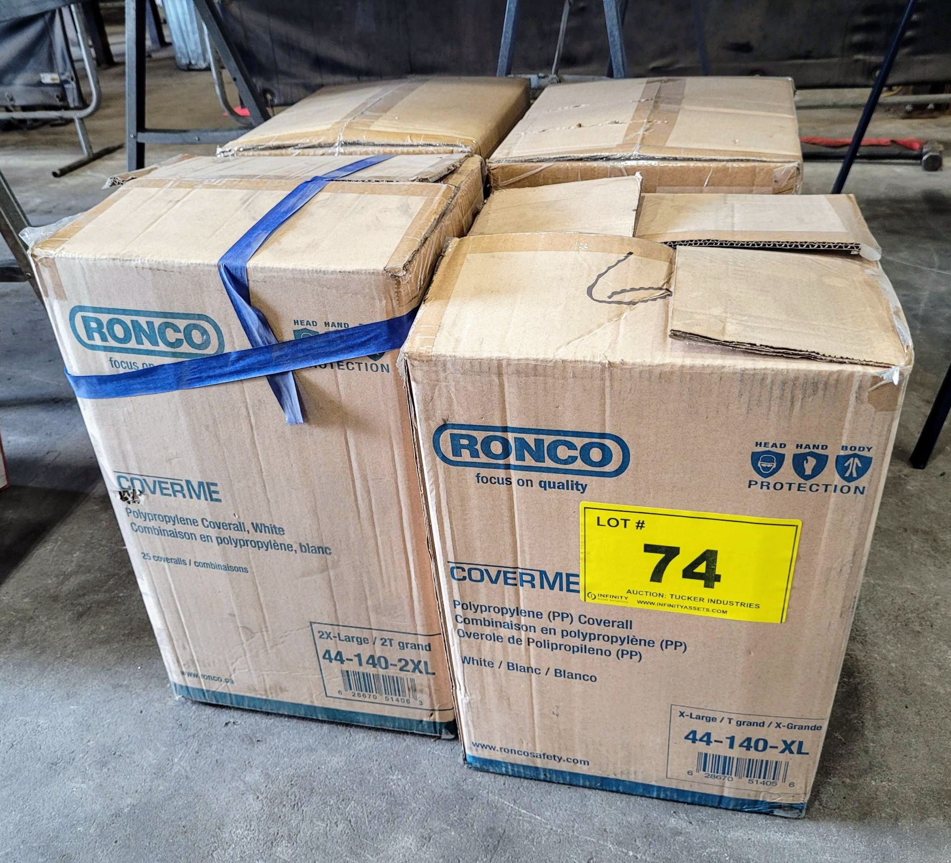 LOT - (4) BOXES OF RONCO 44-140-XL POLYPROPYLENE WHITE COVERALLS