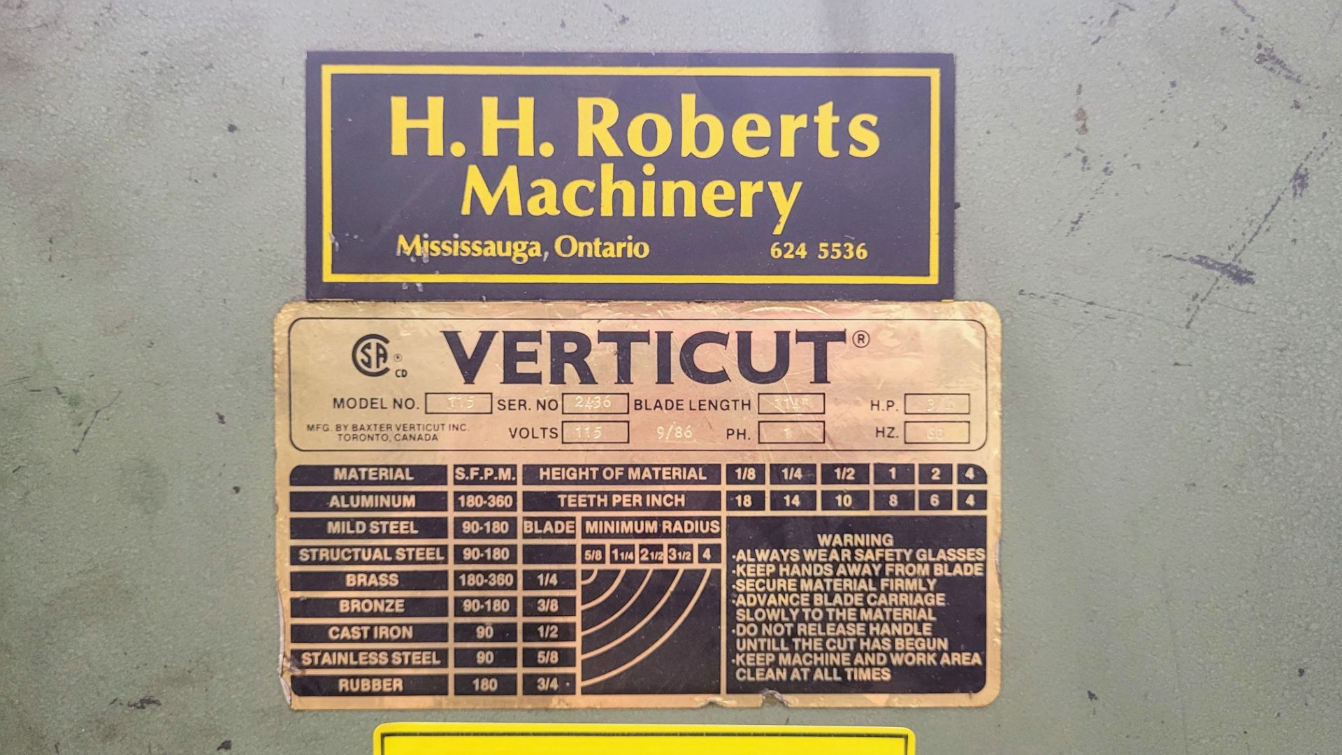 VERTICUT 115 ROLL-IN BANDSAW, S/N: 2436, ON CASTORS W/ SPARE BLADES AND RETRACTABLE EXTENSION CORD - Image 2 of 5