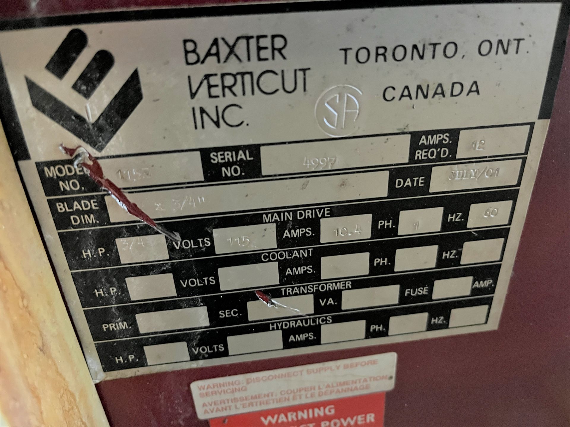 BAXTER VERTICUT 115B ROLL-IN BANDSAW, S/N 4997 (RIGGING FEE $100) - Image 3 of 4
