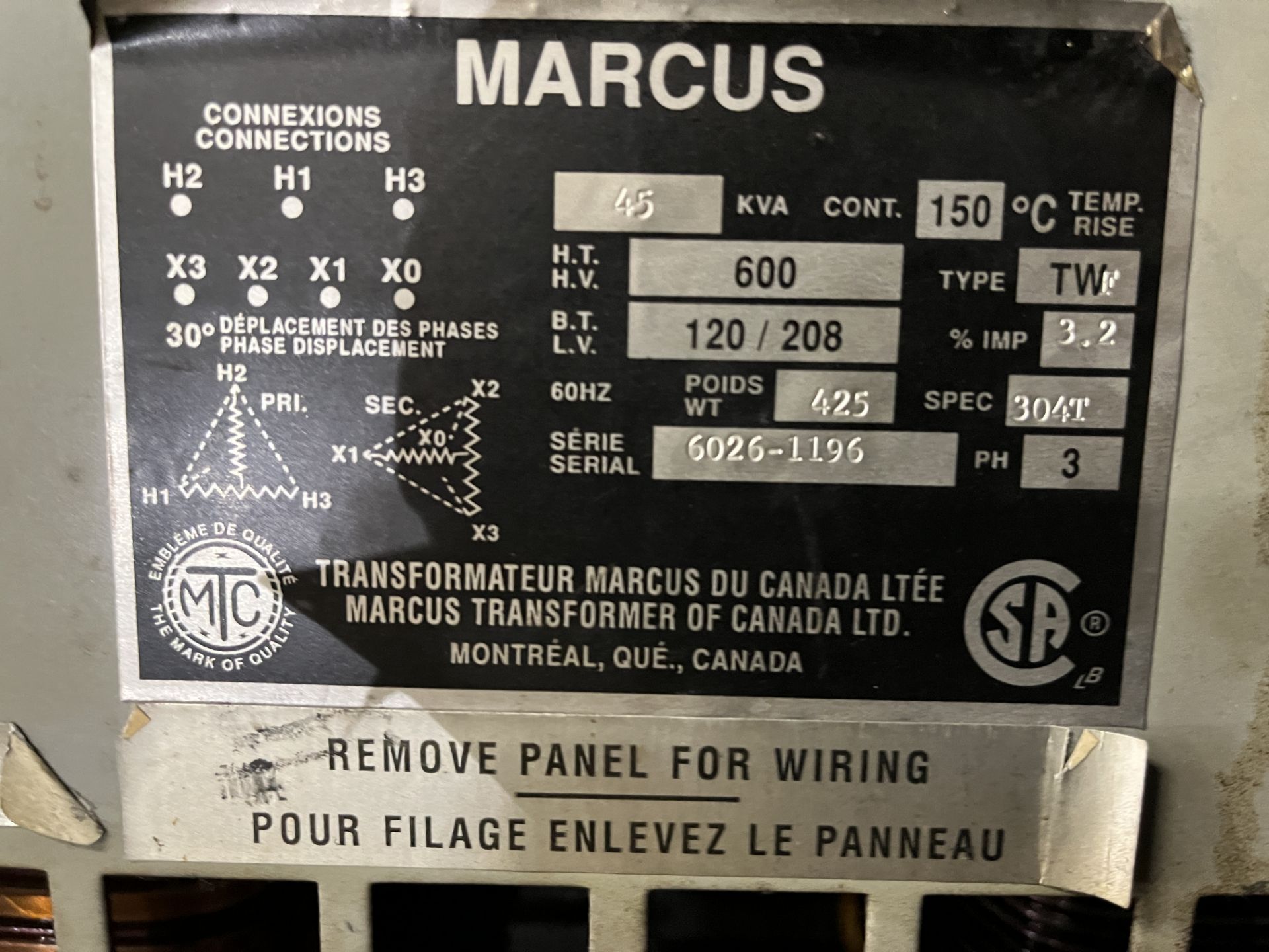 MARCUS 45KVA TRANSFORMER, 600V TO 120/208V (RIGGING FEE $150) - Image 2 of 2