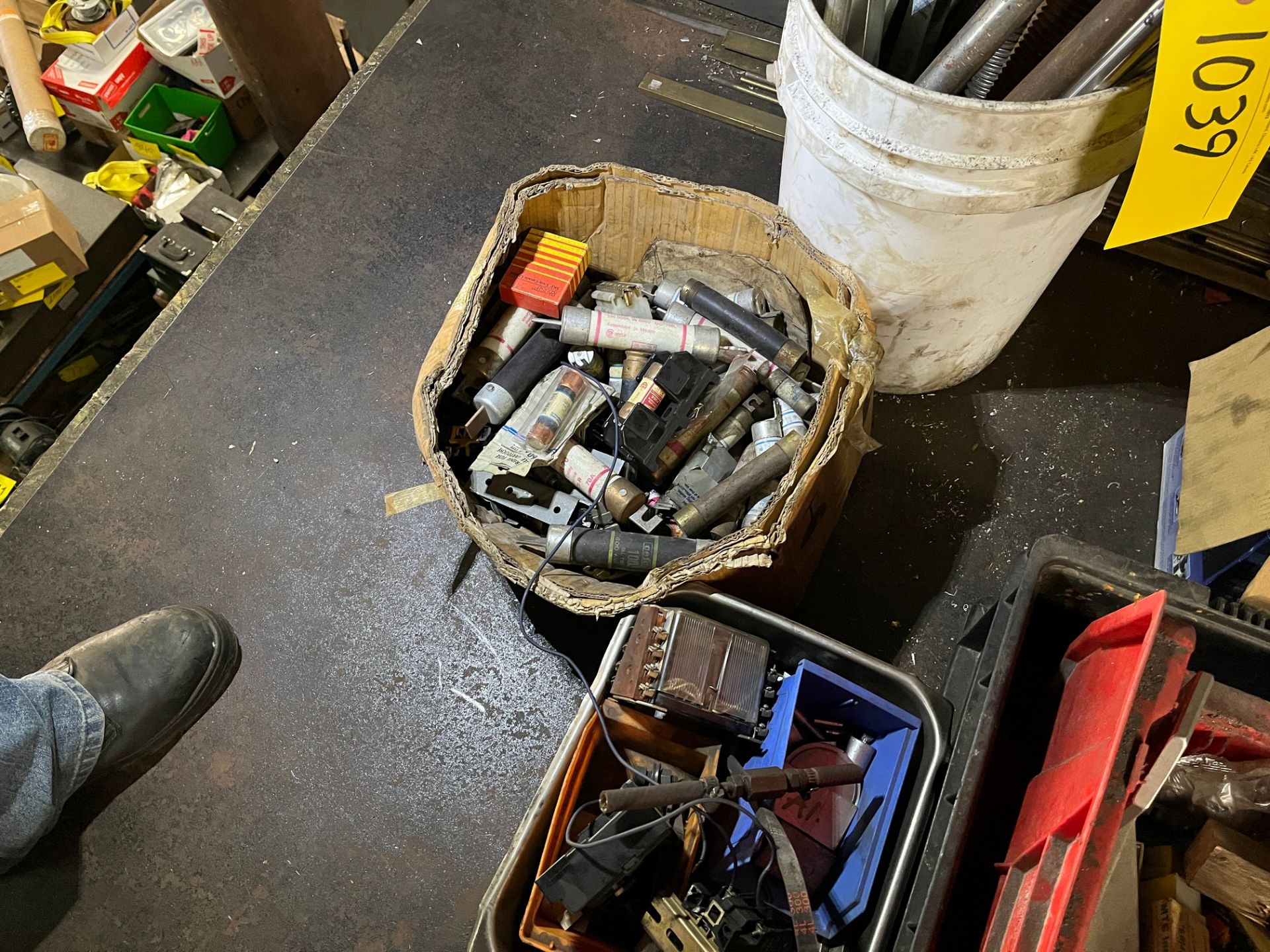 BARREL AND (7) BOXES OF FUSES, HARDWARE, METAL BARS (LOCATED IN LOFT) - Image 3 of 3