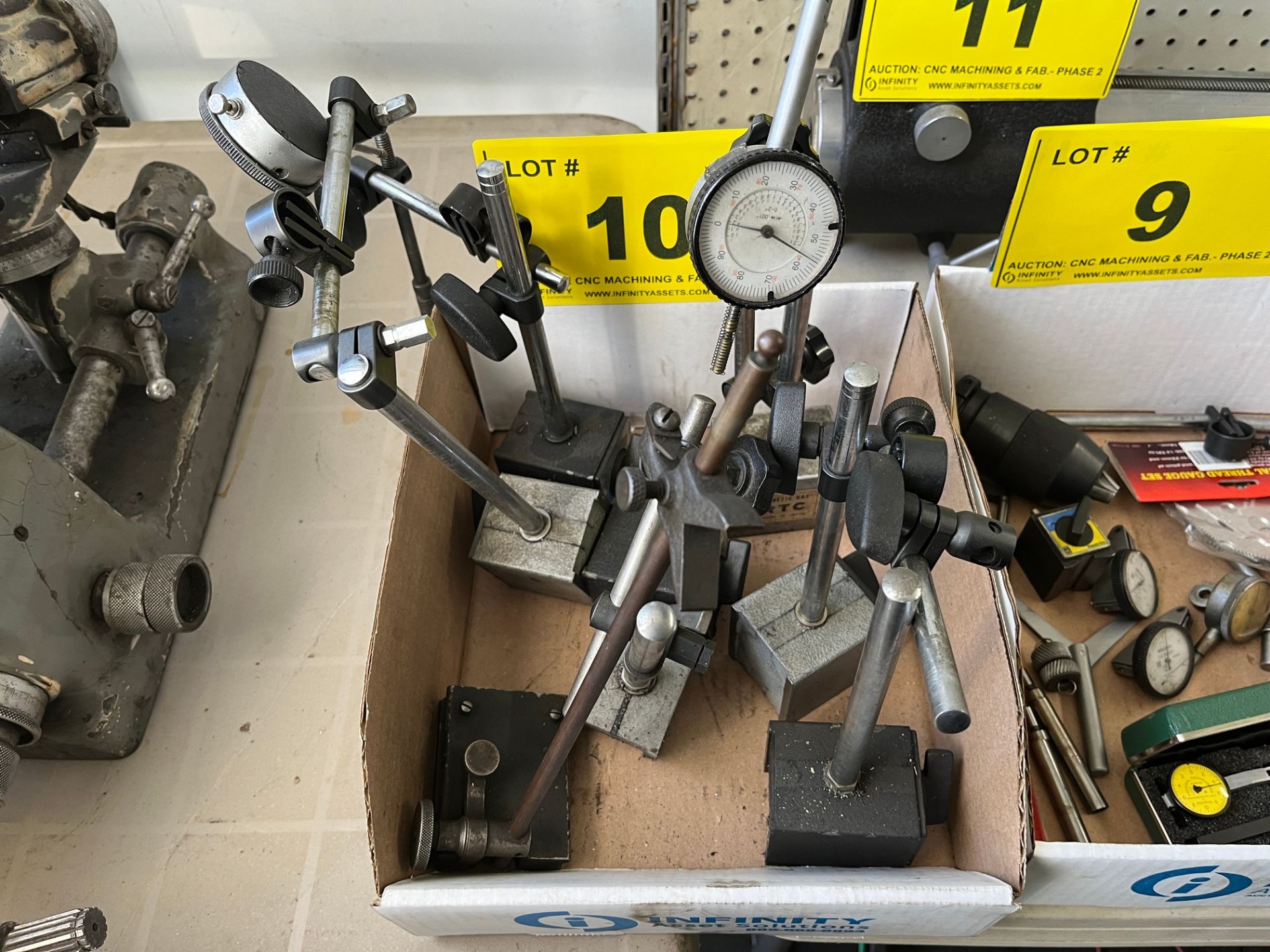 BOX OF MAG BLOCKS, HEIGHT STAND, DIAL GAUGES