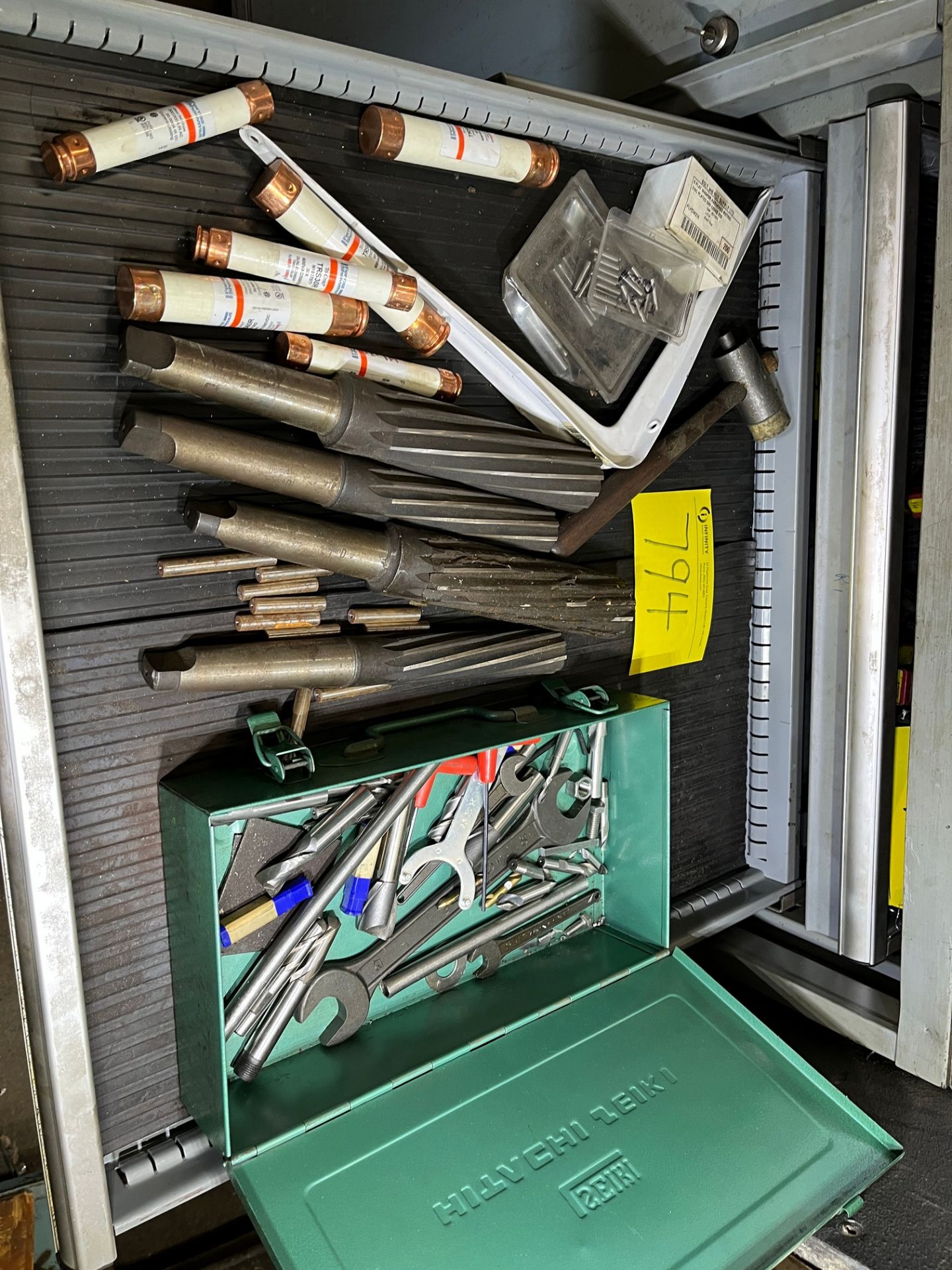 CONTENTS OF (2) DRAWERS OF TOOL CABINET INCLUDING REAMERS, FUSES, HAND TOOLS, ETC.