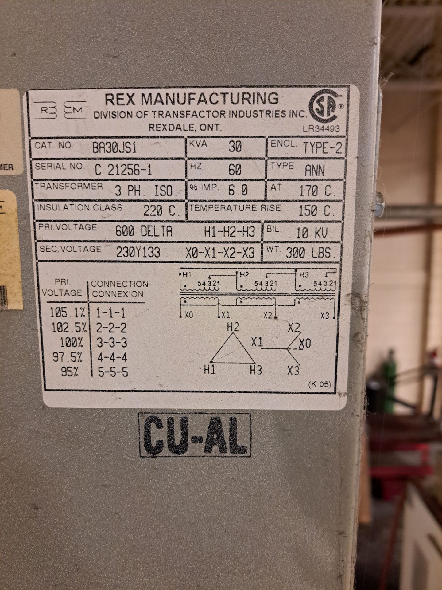 REX MANUFACTURING 30KVA TRANSFORMER, 600V TO 230/133V (RIGGING FEE $75) - Image 2 of 3