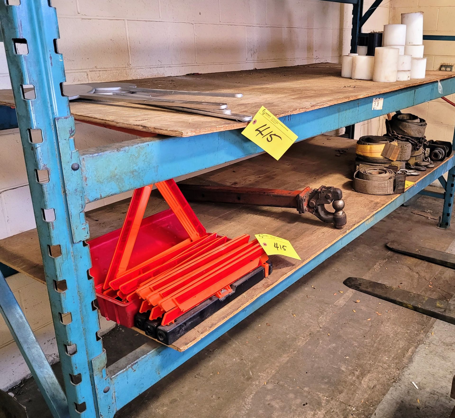 LOT CONTENTS OF (2) SHELVES OF RACK INCLUDING STRAPPS, REFLECTORS, METAL COMPONENTS