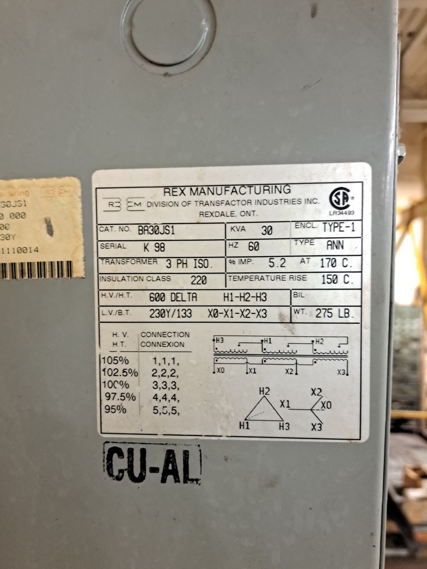 REX MANUFACTURING 30KVA TRANSFORMER, 600V TO 230/133V (RIGGING FEE $75) - Image 2 of 3