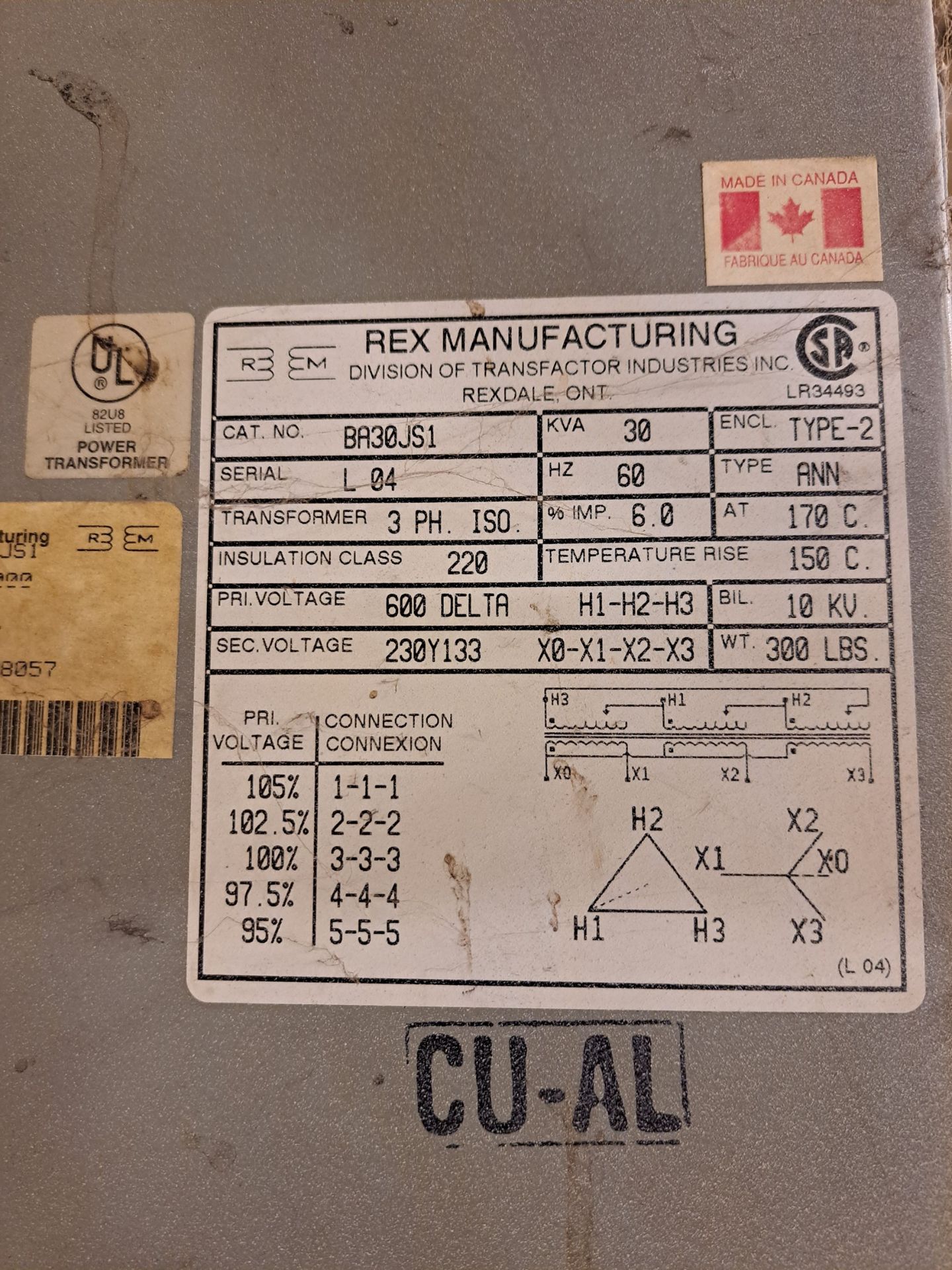 REX MANUFACTURING 30KVA TRANSFORMER, 600V TO 230/133V (RIGGING FEE $75) - Image 2 of 3