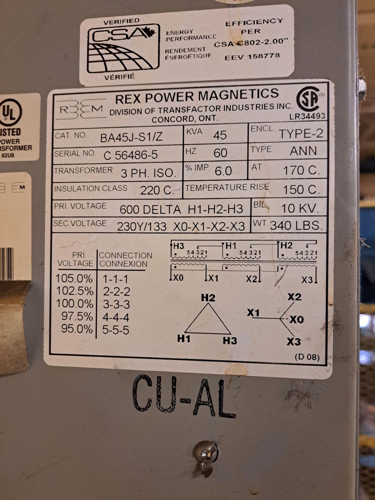 REX POWER MAGNETICS 45KVA TRANSFORMER, 600V TO 230/133V (RIGGING FEE $75) - Image 2 of 3