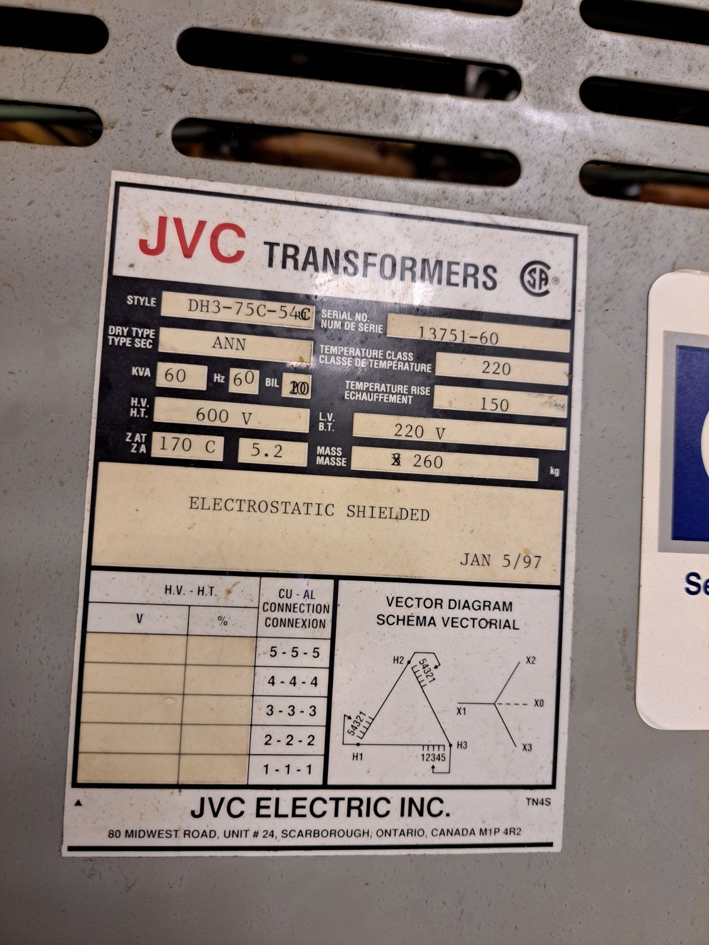 JVC 60KVA TRANSFORMER, 600V TO 220V (RIGGING FEE $75) - Image 2 of 3