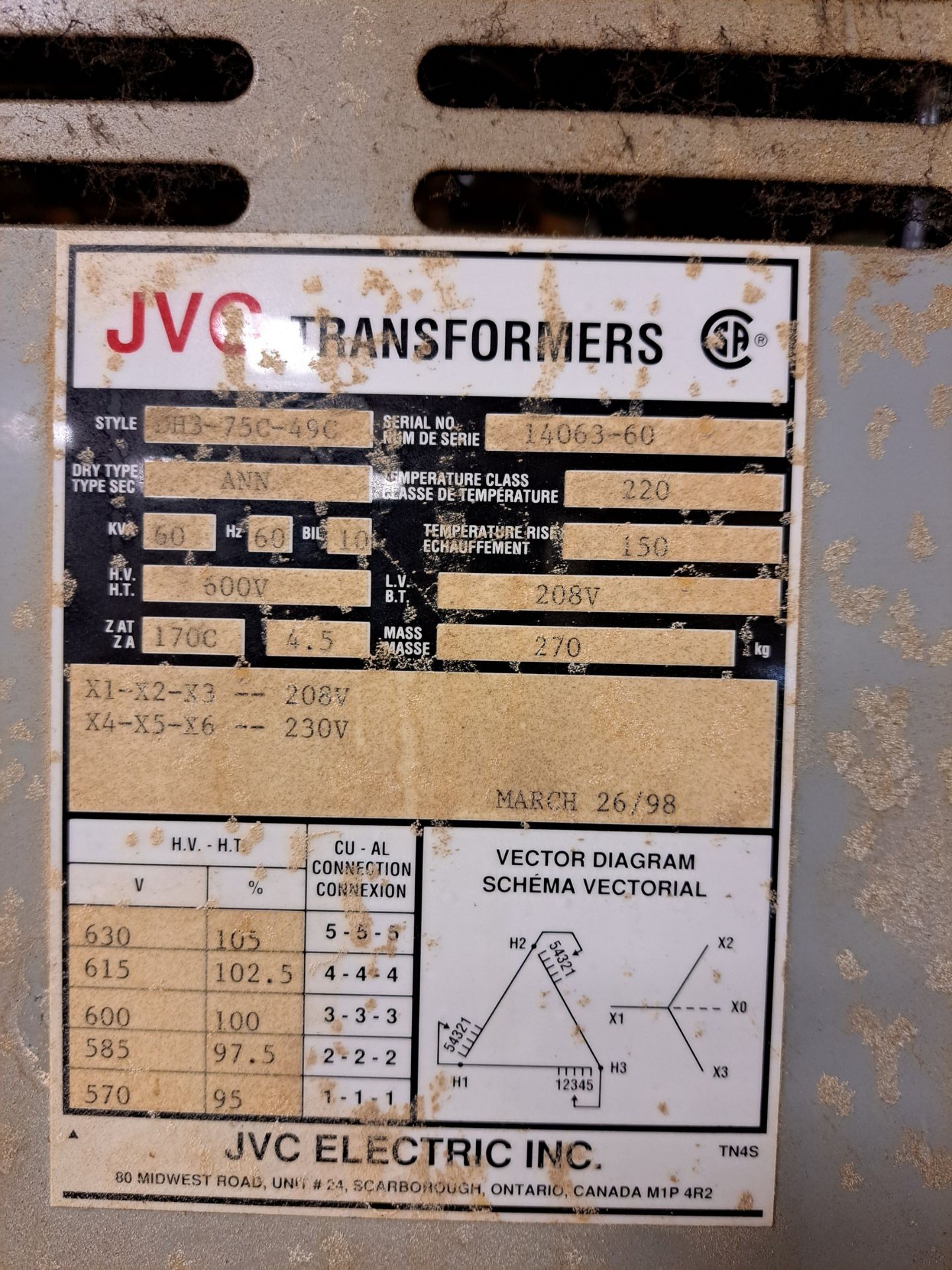 JVC 60KVA TRANSFORMER, 600V TO 208V (RIGGING FEE $75) - Image 2 of 3