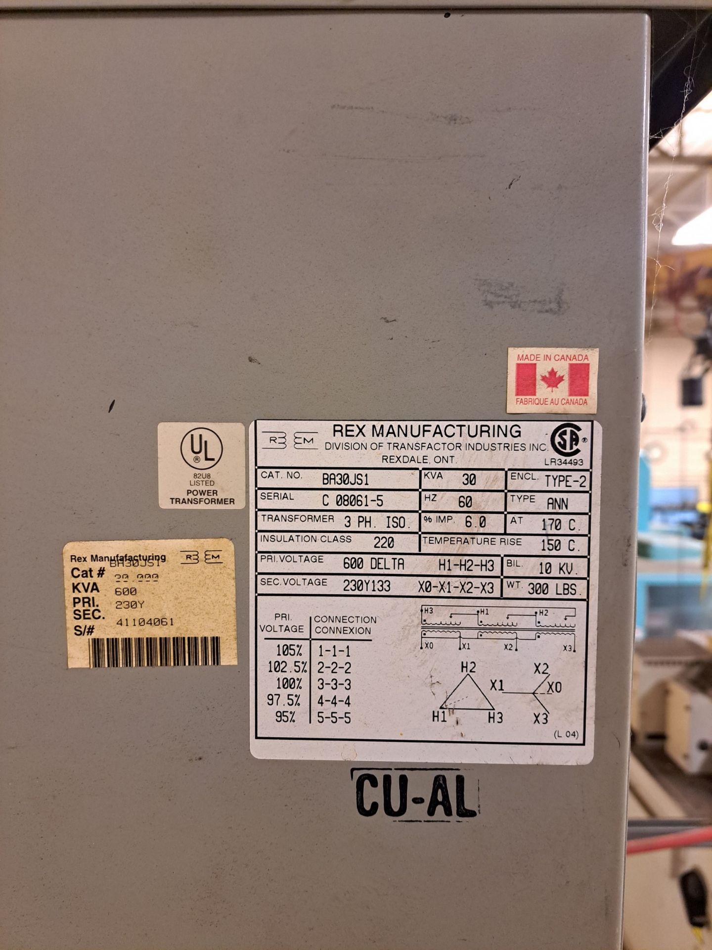 REX POWER 30KVA TRANSFORMER, 600V TO 230/133V (RIGGING FEE $75) - Image 2 of 3