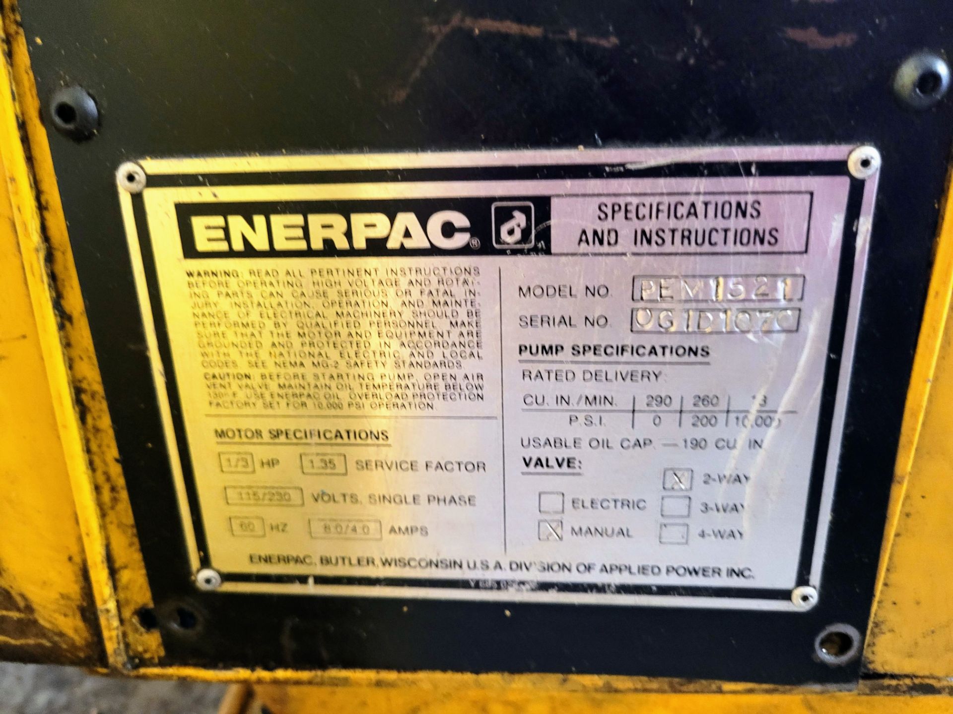 ENERPAC SHOP PRESS, BVA HYDRAULIC RAM AND ENERPAC HUSH PUP POWER PACK - Image 3 of 4