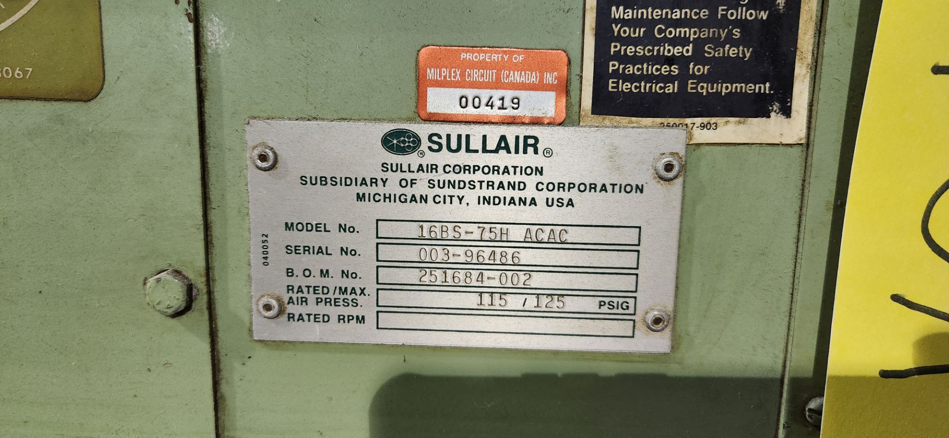 SULLAIR MODEL 16BS-75H ACAC ROTARY SCREW AIR COMPRESSOR, 75HP - Image 3 of 4