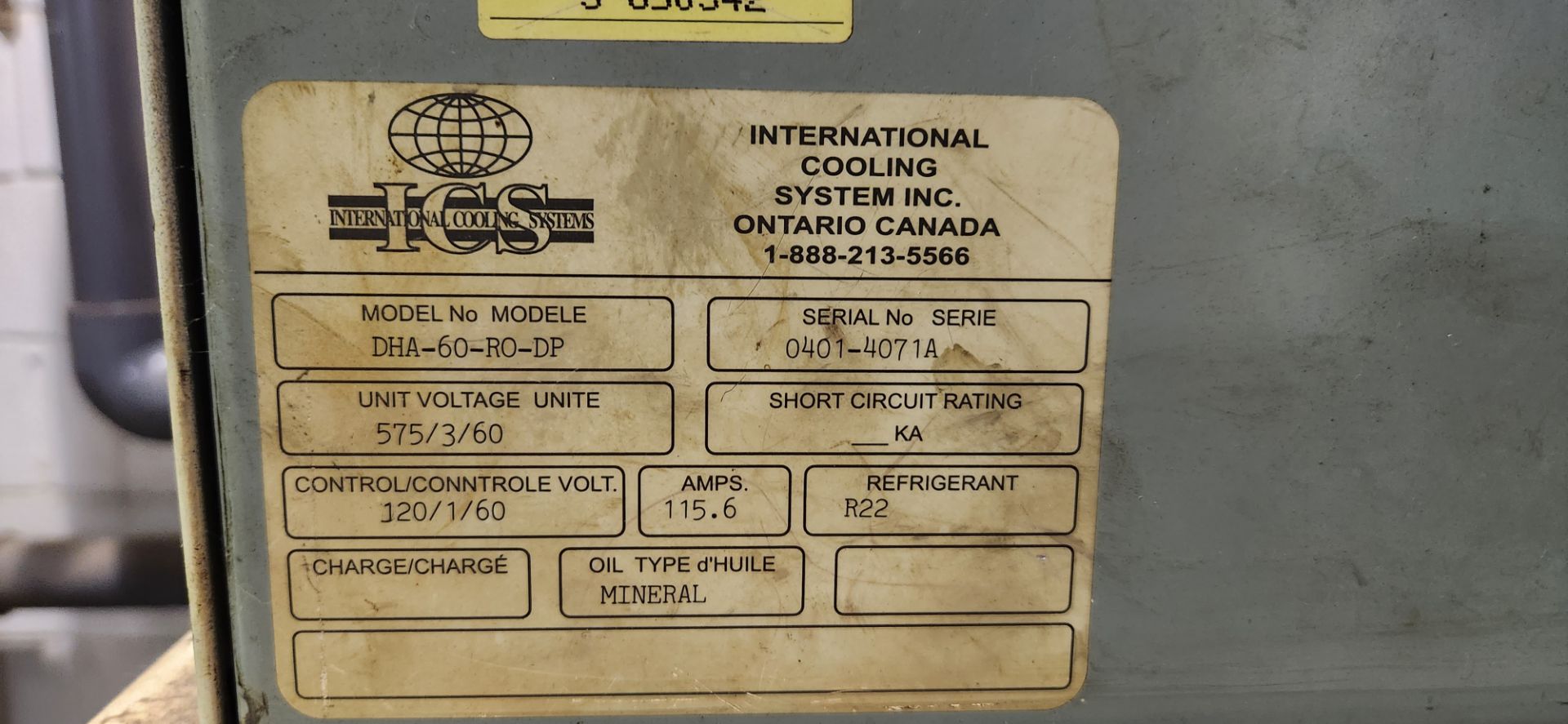 INTERNATIONAL COOLING SYSTEMS INC. CHILLER MODEL DHA-60-R0-DP, S/N 0401-4071A W/ (2) 10(7.5)HP MOTOR - Image 5 of 7