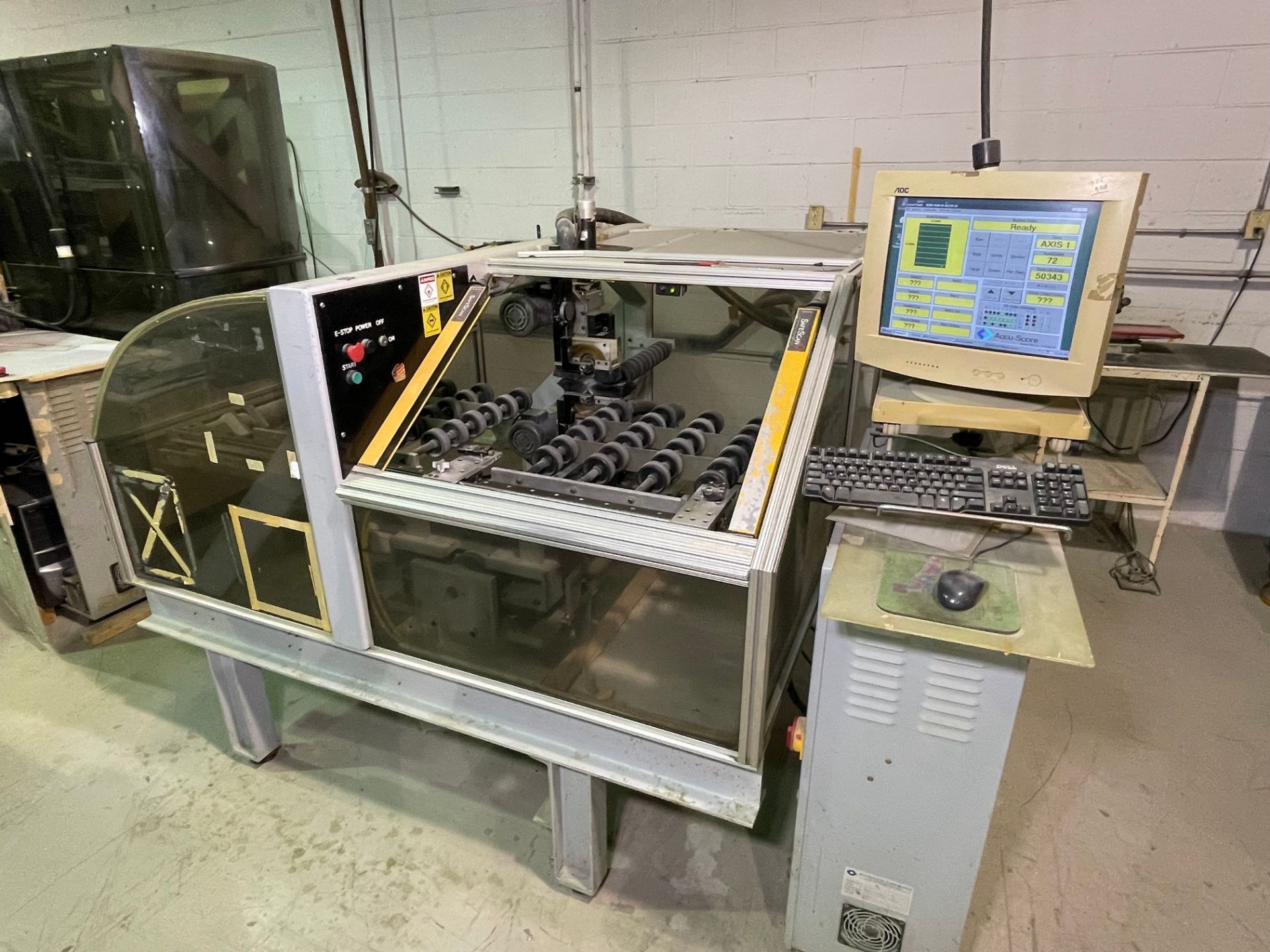 ACCUSYSTEMS ACCUSCORE AS-150-JE CNC V-SCORING SYSTEM, 200 FPM FEED RATE, POWER SOURCE: 235 VAC, 50/