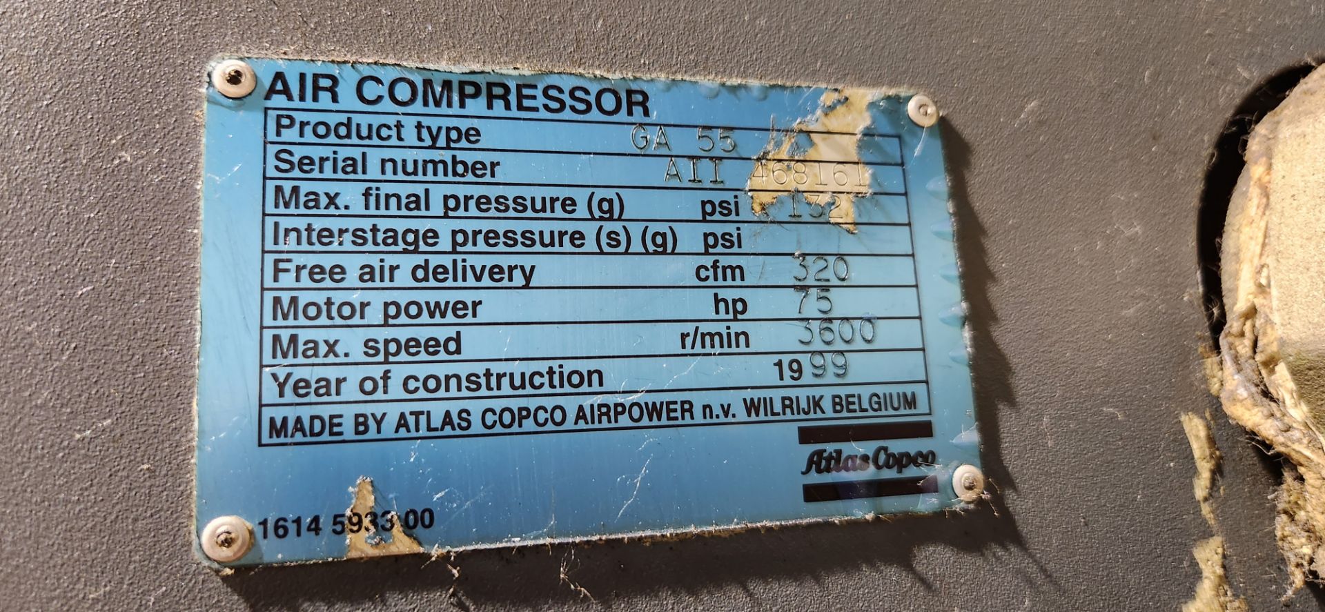 1999 ATLAS COPCO GA 55 AIR COMPRESSOR, 75HP, APPROX. 44,408HRS - Image 4 of 5