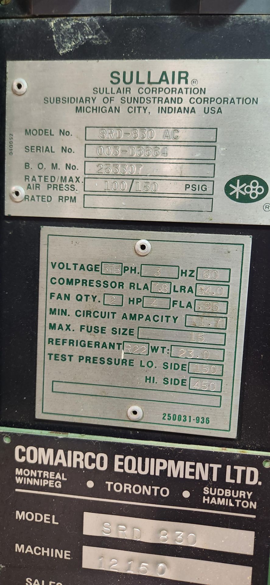 SULLAIR AIR DRYER SRD830, S/N 003-D6664, MAX AIR PRESSURE 100/150 PSI - Image 4 of 5