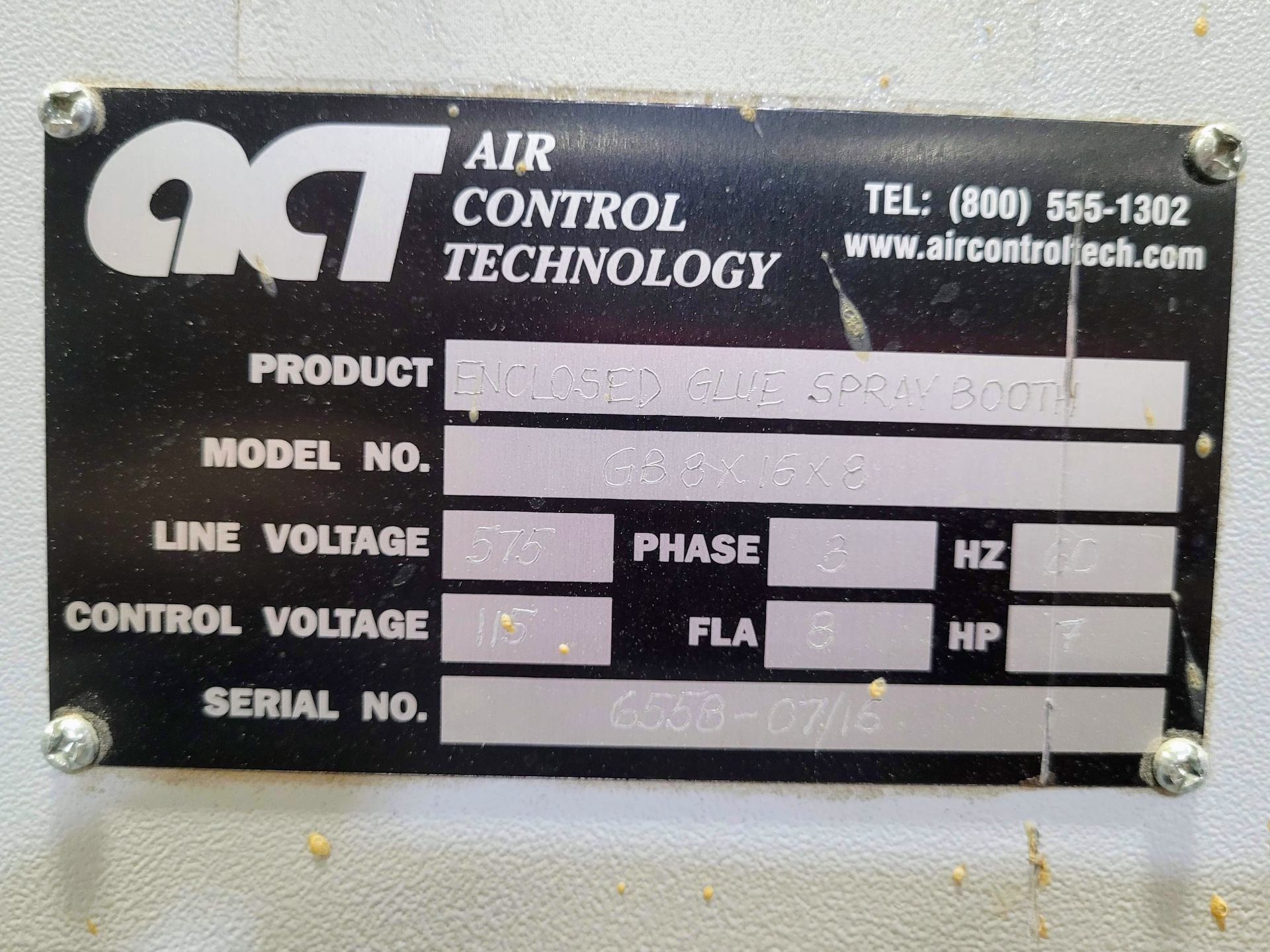 AIR CONTROL TECHNOLOGY GB 8X16X8 ENCLOSED GLUE SPRAY BOOTH, S/N 6558-07/16, DUAL SLIDING DOORS, - Image 4 of 4