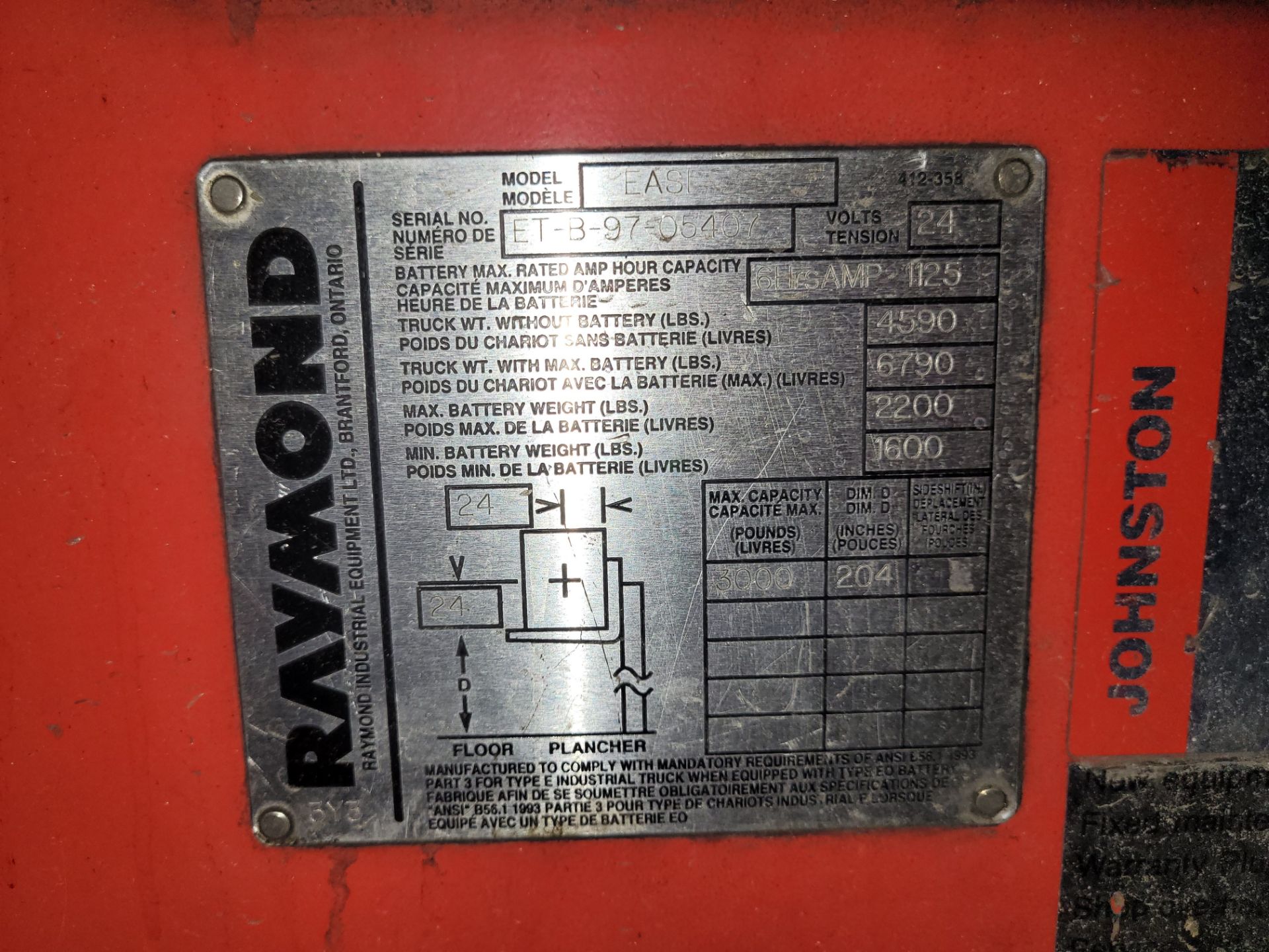 RAYMOND EASI ELECTRIC REACH TRUCK, 3,000LB CAP., 252" MAX LIFT, 36V, S/N ET-B-97-05407 - Image 3 of 4