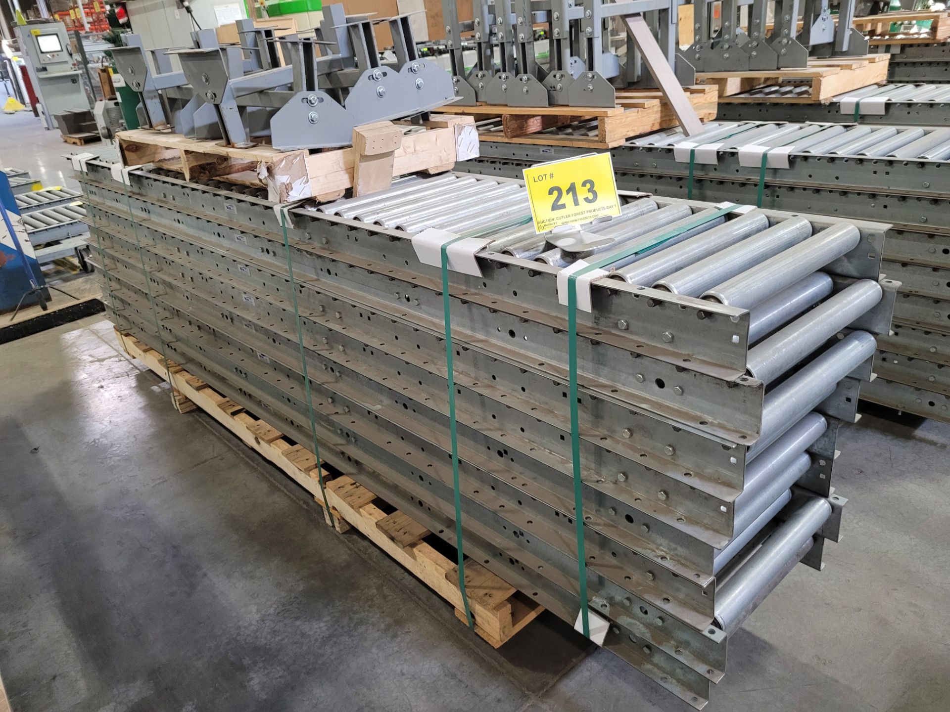 LOT - (8) 120"L X 18"W ROLLER TOP CONVEYORS W/ (8) STANDS