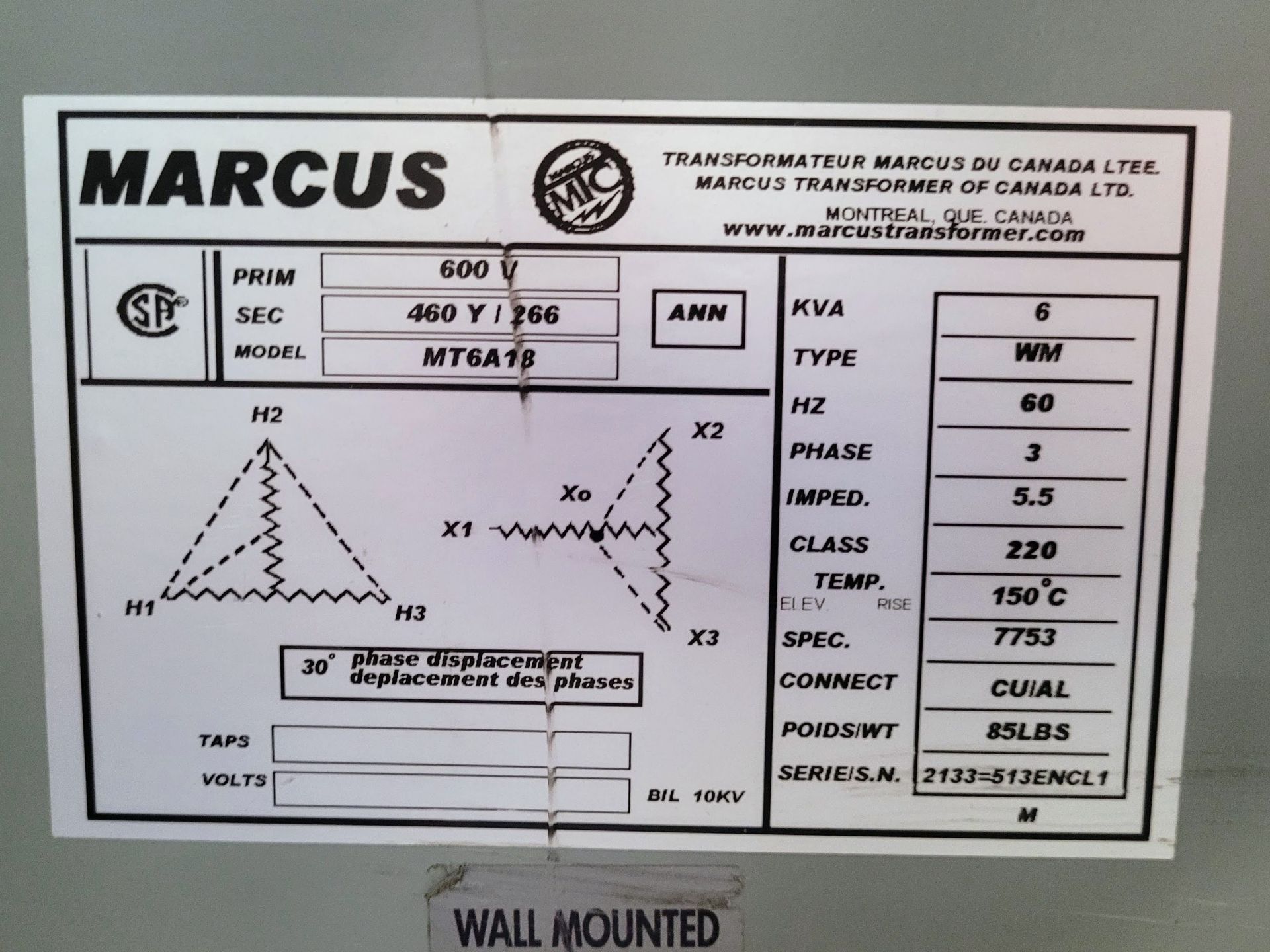 MARCUS, MT6A18, 6KVA TRANSFORMER - Image 2 of 2